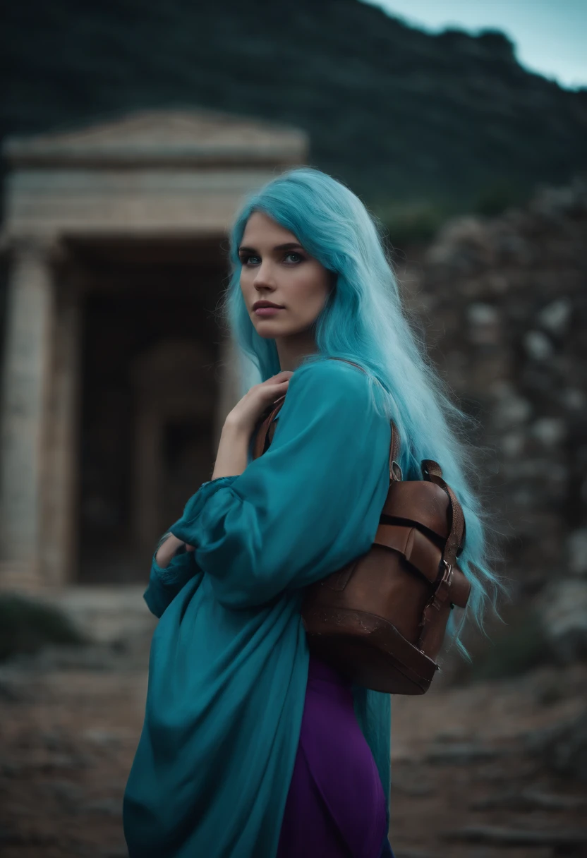 A beautiful young woman (1 girl) about 20 years old. Long light blue hair, straight hair, ((messy)) hair, ((bangs)) and big blue eyes. Turquoise tunic and purple tide pants. Leather boots. She is carrying a metallic chest on back. She is carrying a metallic box as backpack. Greek templo ruins background at night, with a starry sky.