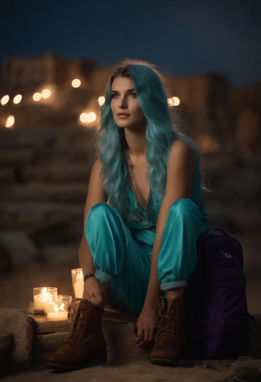 A beautiful young woman (1 girl) about 20 years old. Long light blue hair, straight hair, ((messy)) hair, ((bangs)) and big blue eyes. Turquoise tunic and purple tide pants. Leather boots. She is carrying a metallic chest on back. She is carrying a metallic box as backpack. Greek templo ruins background at night, with a starry sky.