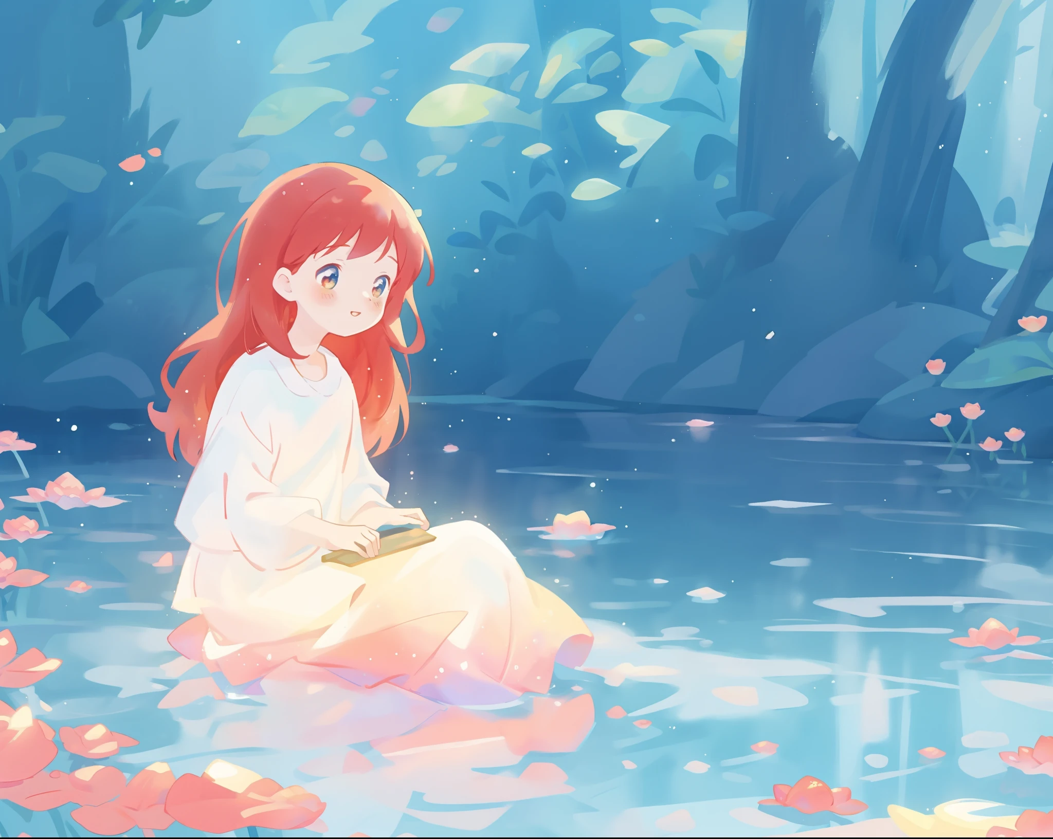 beautiful girl in white sitting in the water, long red hair, magical forest background, red water lilies in the water, beautiful lake of water, watercolor illustration, disney art style, glowing aura around her, glowing lights, beautiful digital illustration, fantasia otherworldly landscape plants flowers, beautiful, masterpiece, best quality, anime disney style