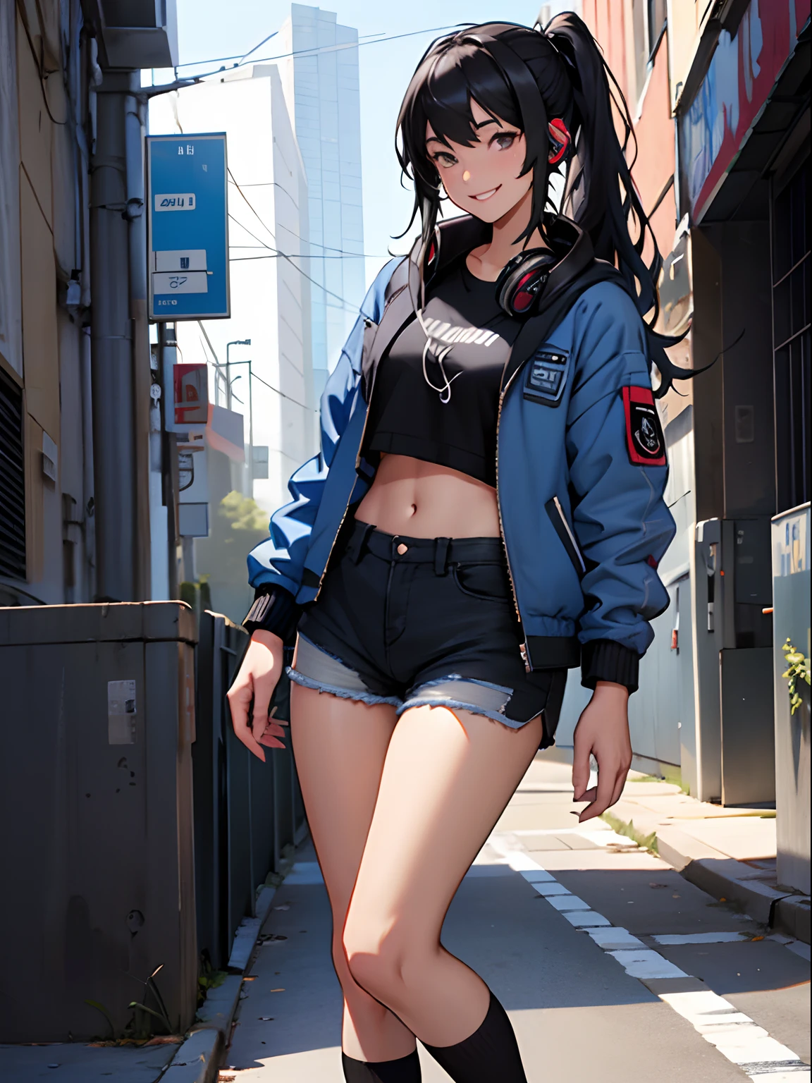 Girl in a blue jacket, Black Long Hair, Denim miniskirt, Black T-shirt, White throat socks、Sexy Black Shorts, Smiling, headphones, Enjoy music