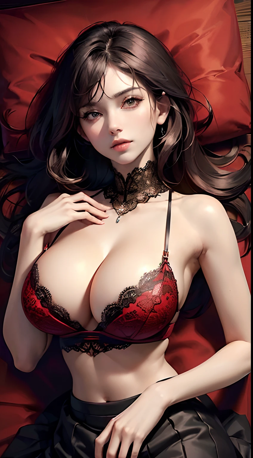 ((Masterpiece,Best quality,Ultra-clear details,Top-down view,The upper part of the body,beauitful face,beautiful pupil)),(Red lace top,short skirt,huge tit,gigantic cleavage breasts,cleavage,Abs,Lie flat on the bed),Stroke hair with one hand,Seduction pose,Black color hair,with brown eye,Slim waist
