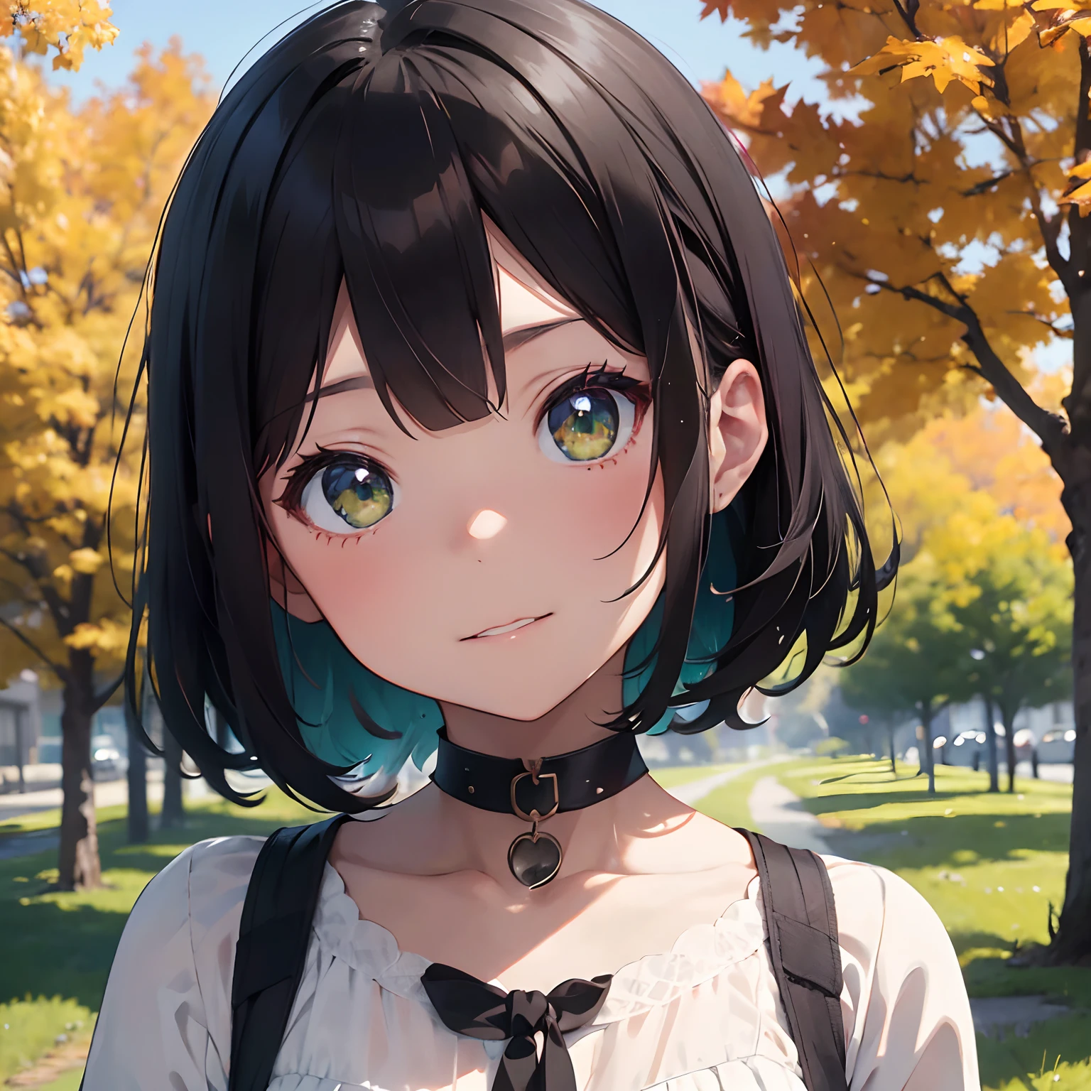 Bangs Black Hair Bob、Kawaii Girl、Green eyes、Choker around the neck、 Autumn landscape、 Vibrant colors、Gingko tree、Bust-up shot, Delicate drawing、 8K