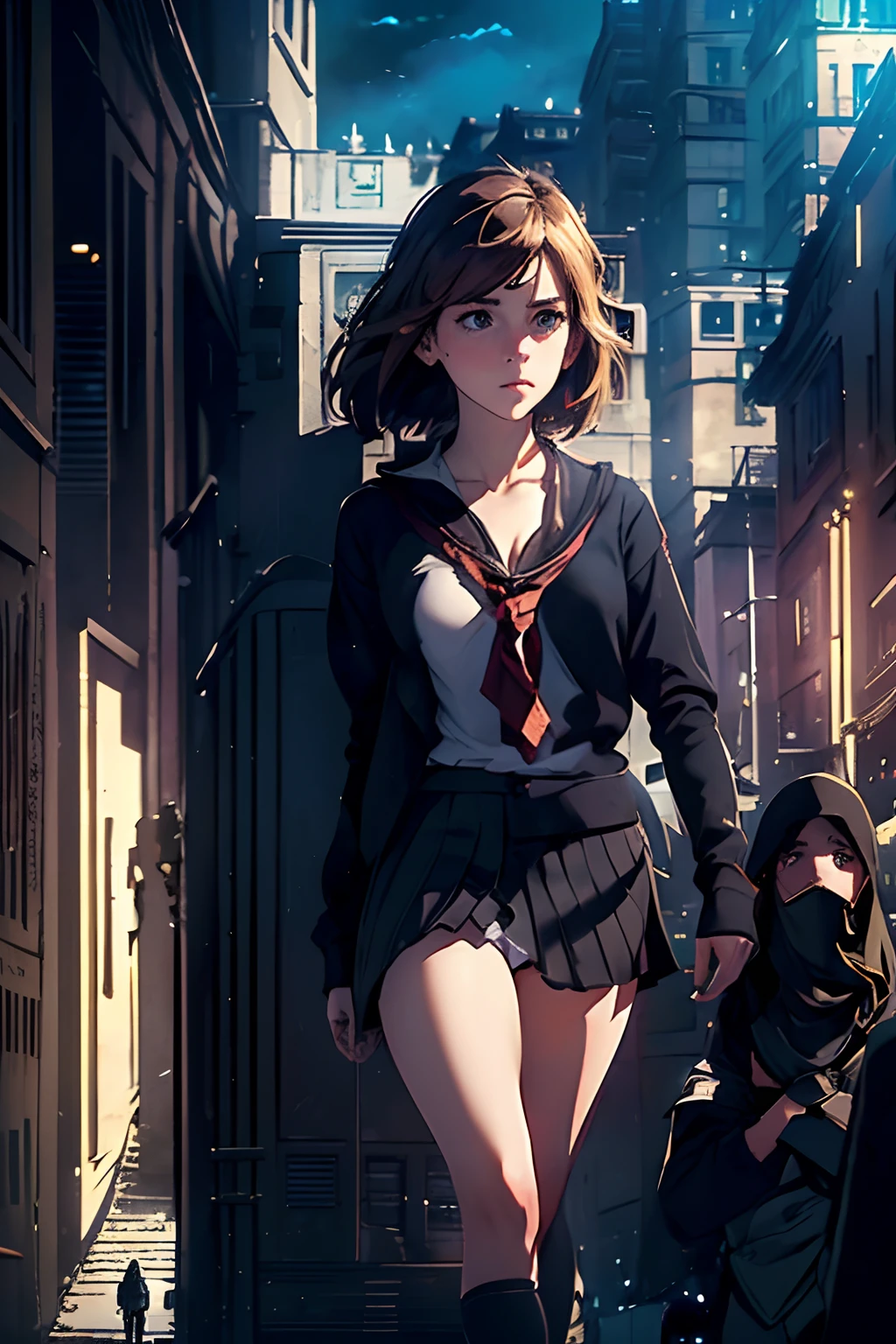 (masterpiece), best quality, expressive eyes, perfect face, Emma Watson (sneaking) behind a dark corner, sneaky, inconspicuous, discreet, light on breasts, leaning on wall, school uniform, panties, (crowd in the distance:2)