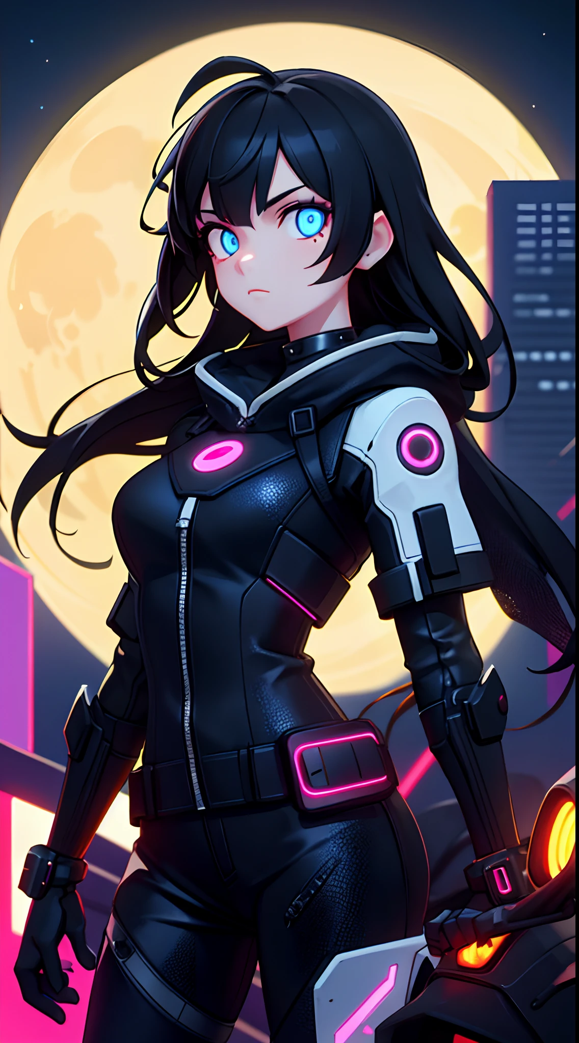 (best quality, masterpiece1.2), (detailed eye:1.2), complex detail, depth of field, 1girl, city, cyberpunk, neon, neon lights, night, moon,