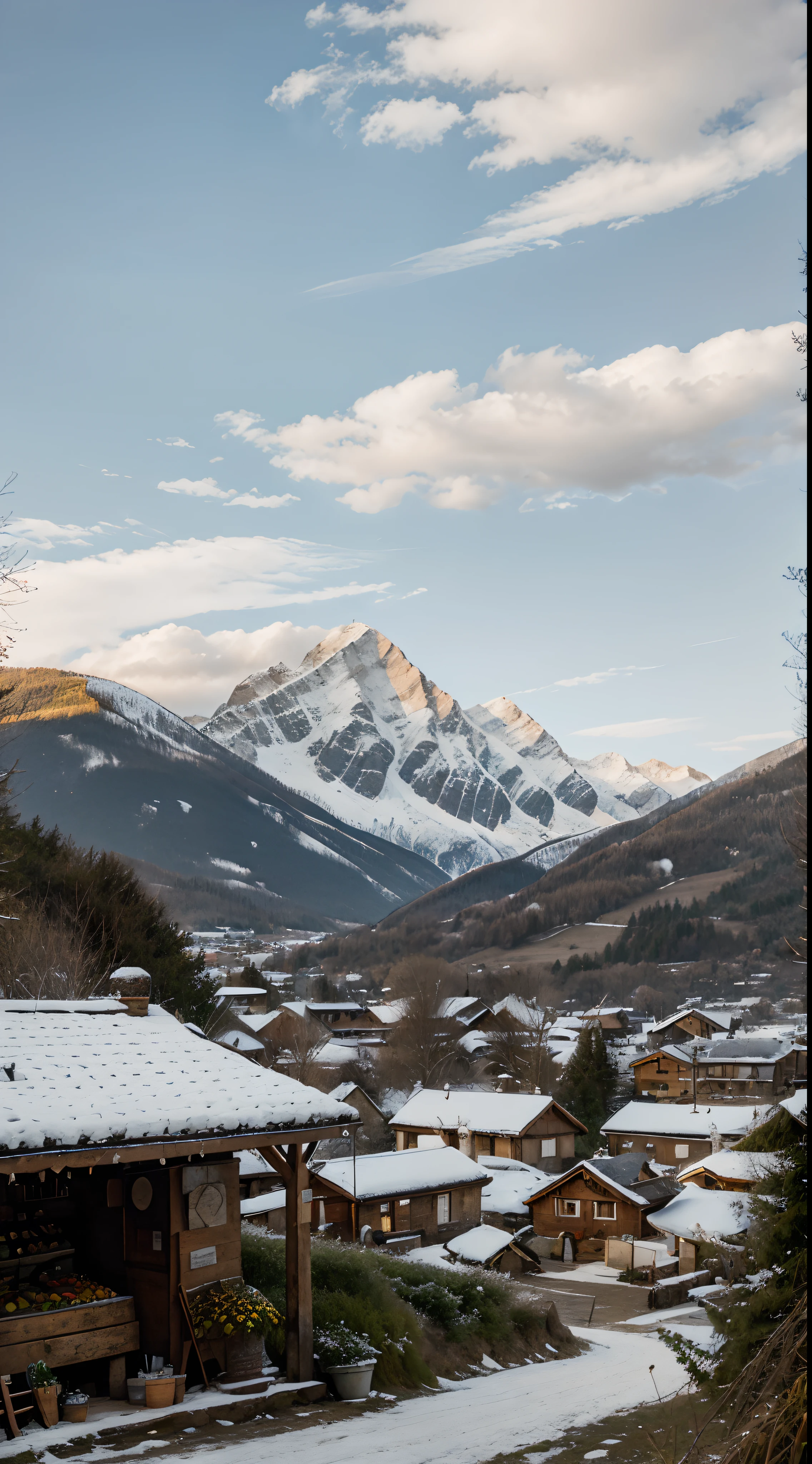 Snowy mountains in the distance with a small village in the foreground ...