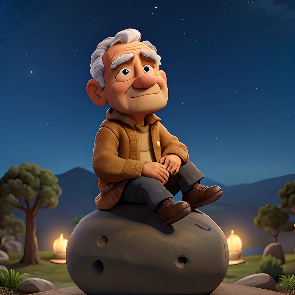 un anciano sentado en una piedra mirando el cielo estrellado