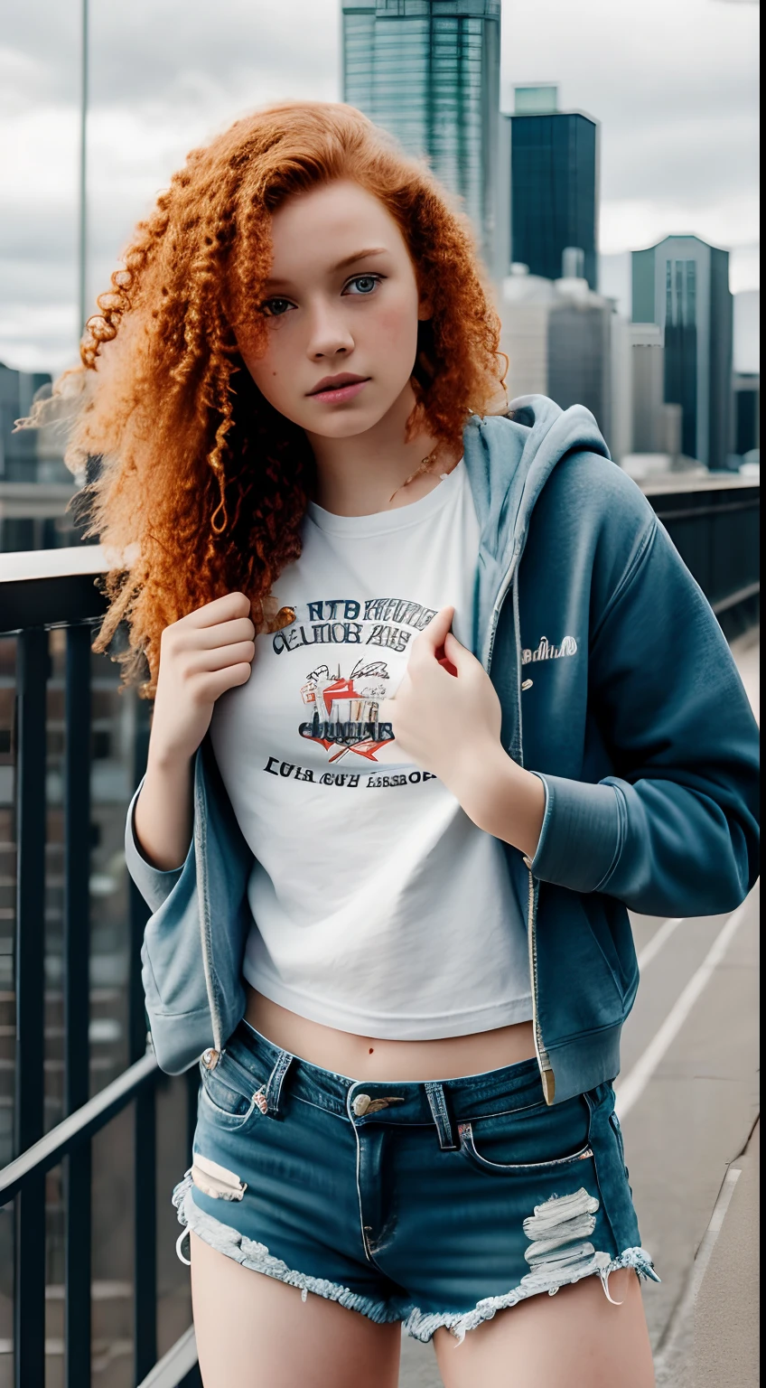 1girl in, age13, teenager, Solo, Aesthetic artwork, irish  redhead, curly ginger hair, shoulder length ginger hair, some small freckles, pale skin, small breasts, runners body, full body shot, imperfect skin, goosebumps, ripped jean shorts, blue hoodie, bracelets, city location, Edmonton, detailed background, blurred out background, Boka, (extremely detailed 8k wallpaper), soft lighting, high quality, film grain, Fujifilm XT3 sharp focus, f 5.6, 50mm, High Detail, Sharp focus,(natural light), (seductive), Realistic, ultra realistic, photo realistic, crazy details, complex details, hyper detailed,