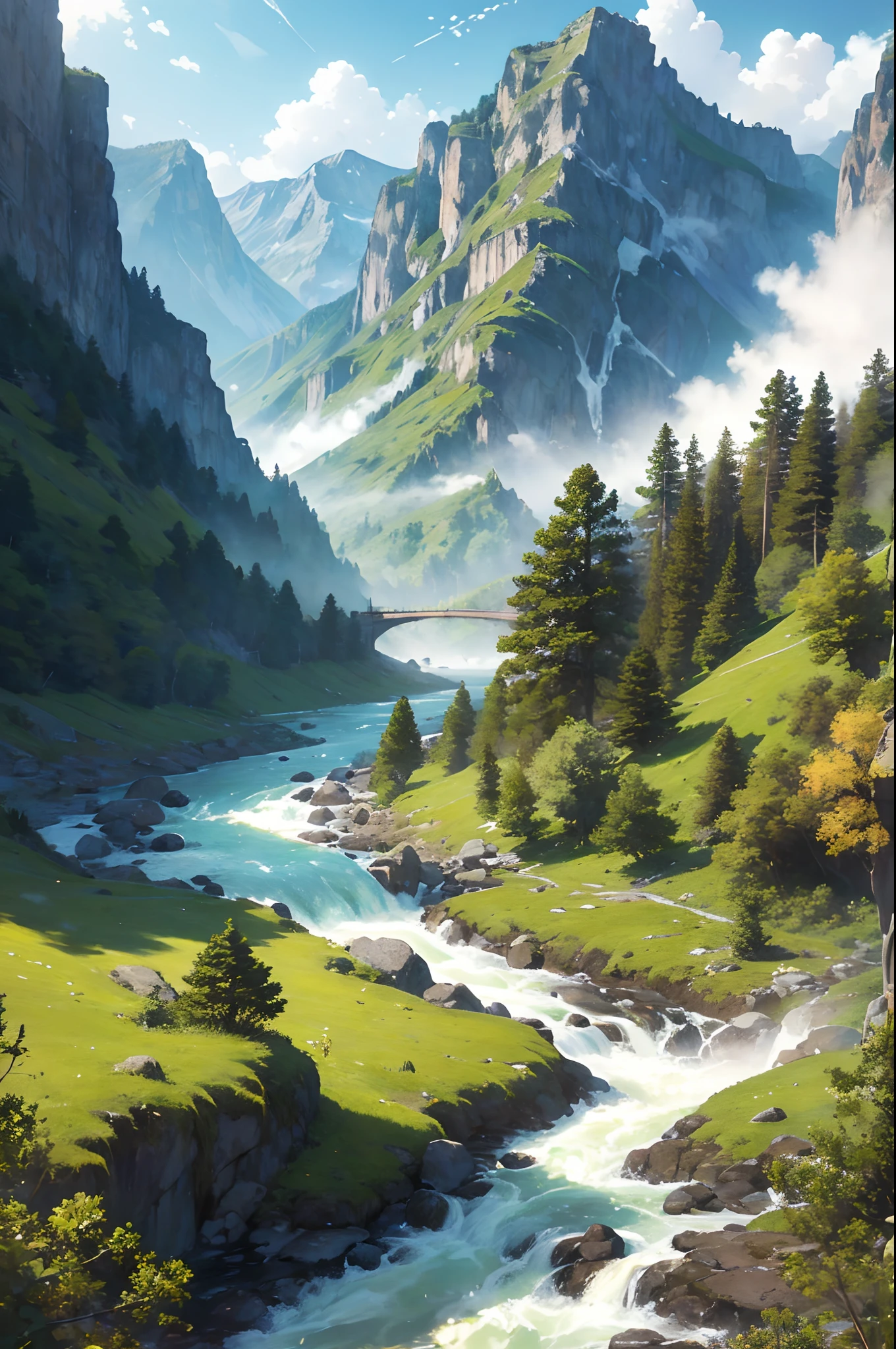 Master masterpieces，Higher quality，Landscape painting style，mountains and rivers，Nature views，mountain ranges，rios，lakes，Cloud fog，The sun is warm，A gentle breeze，The leaves are green and green，small stream，waterfallr,rivulets，Mountains，Realiy，