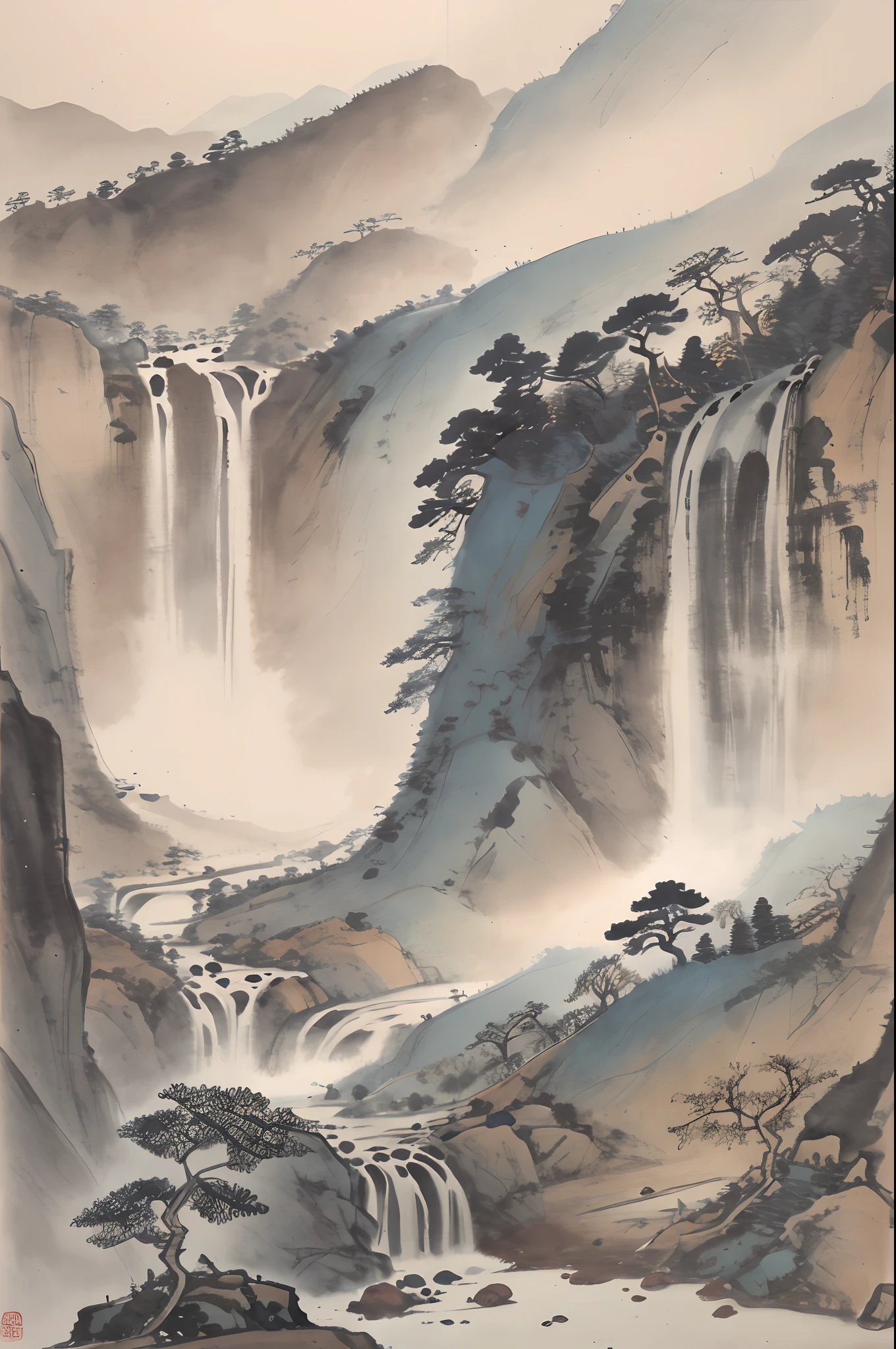 Chinese landscape painting，ink and watercolor painting，the trees，vegetation，small waterfalls