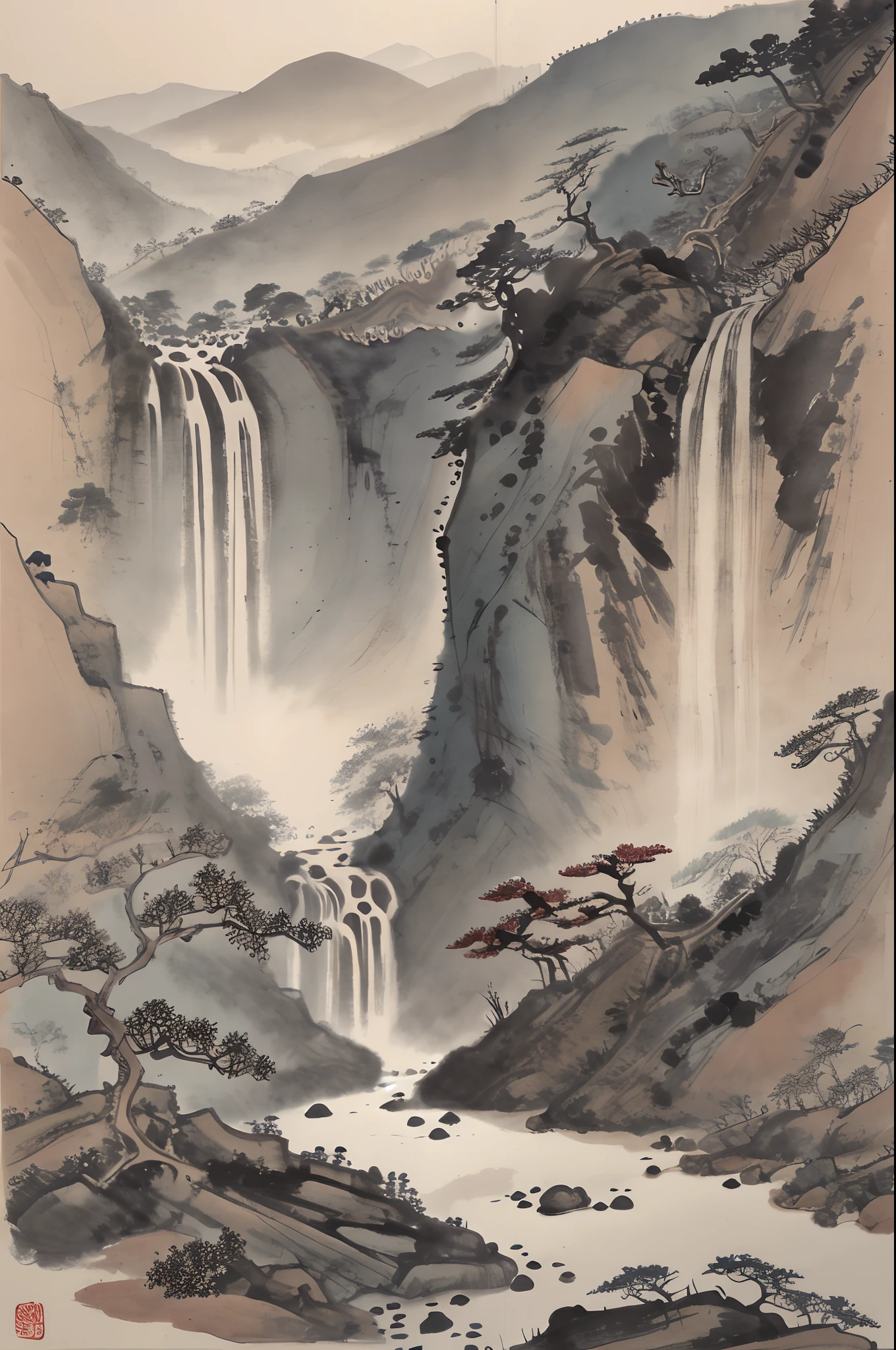Best quality, masterpiece, ink, ink bissim, Wu Changshuo, Ren Bonian, Zheng Banqiao, Ba Da Shanren, mountain, waterfall, forest, village, sunset, picture frame