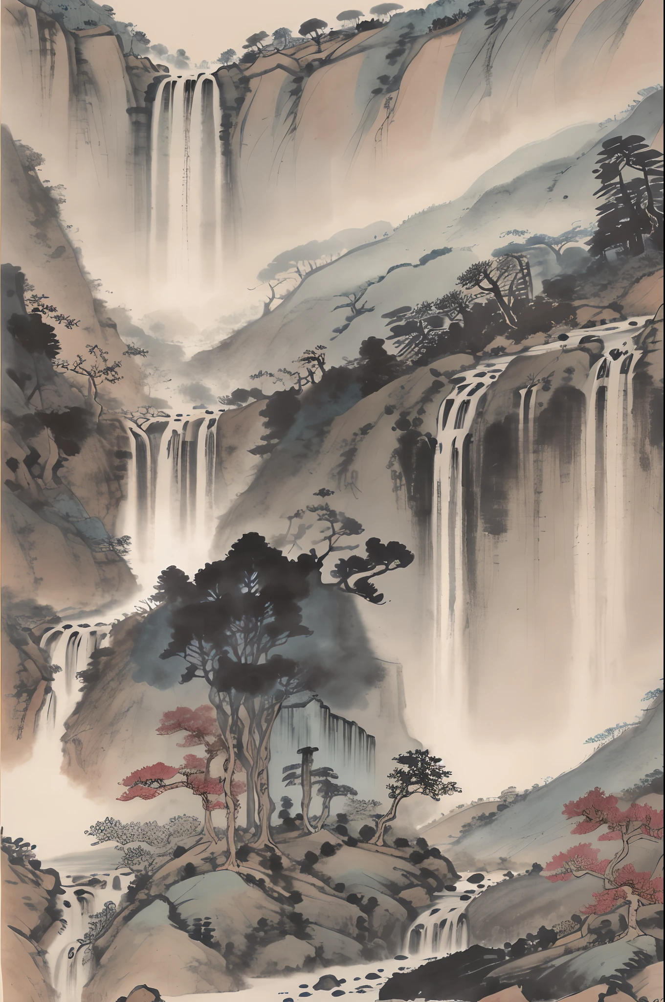 Chinese landscape painting,ink and watercolor painting,the trees,vegetation,small waterfalls