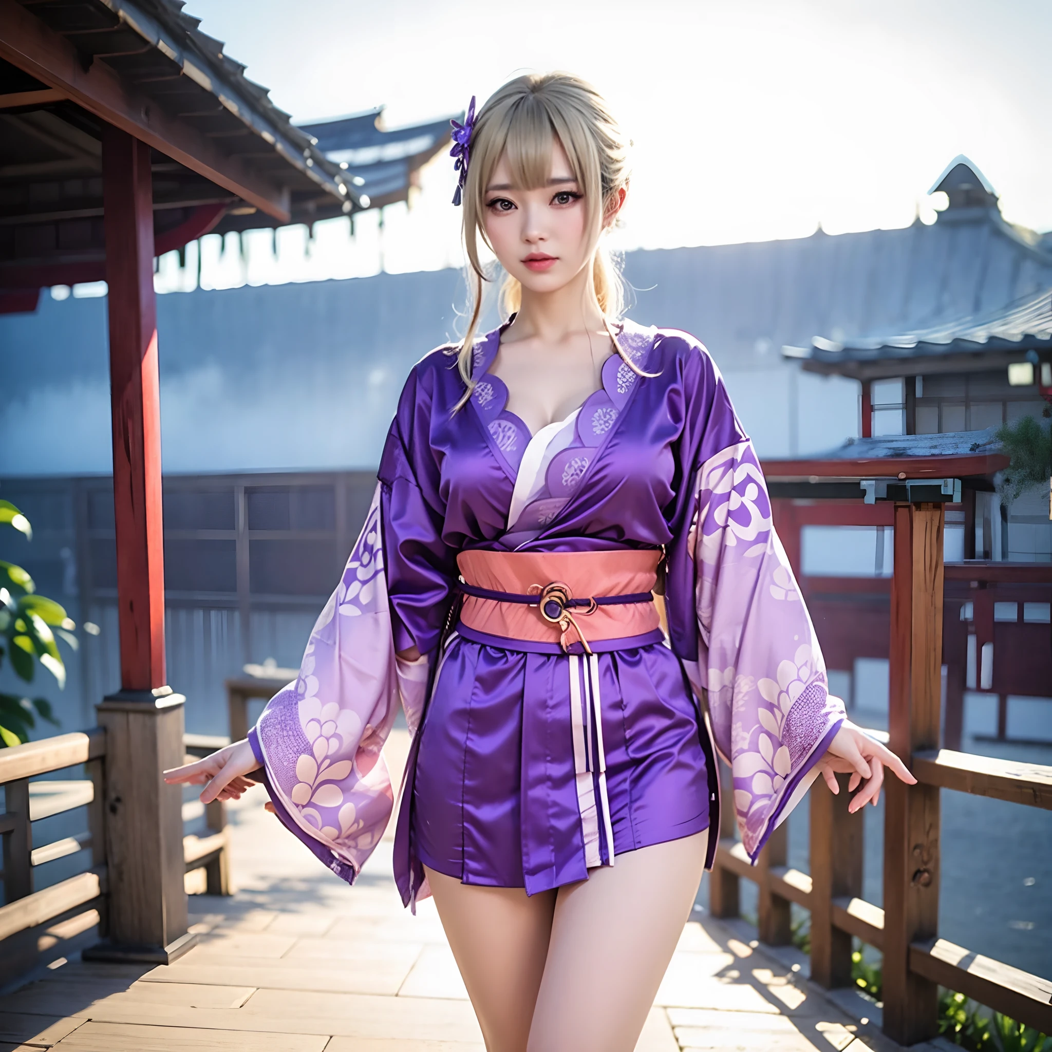 araffe asian woman in purple kimono posing for a picture, blonde hair, japanese goddess, anime girl cosplay, in kimono, open v chest clothes, pubic hair, sakimichan hdri, purple robes, ayaka cosplay, seductive anime girl, kimono, sakimichan, palace , a girl in hanfu, korean girl, wearing sexy lingerie, japanese model