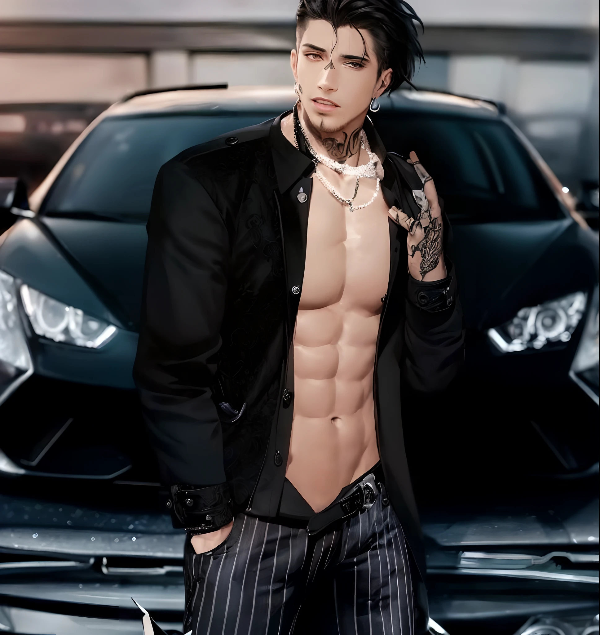 Man in black open shirt and open pants in front of a car, earring tattoo on hands and neck inspired by Maximilian Cercha, arte digital. @mariomaniacdude, inspirado em Randy Vargas, inspirado em Aleksander Gine, inspirado em Antoine Wiertz, highly aesthetic, por :5 sexy: 7, Estilo de Jordan Grimmer estilo mafioso