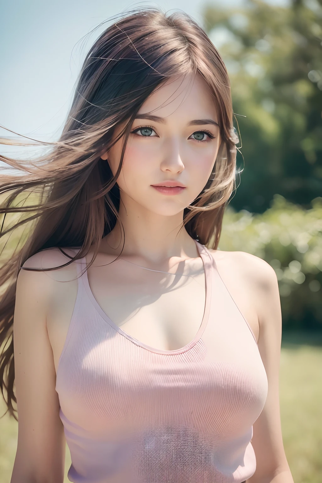 (8k, Best Quality, Masterpiece:1.2), (Realistic, Photorealistic:1.37), Ultra Detail, 1 Girl,Cute,Solo,Beautiful Detailed Sky,Date,(Blush),(Smile:1.15),(Closed Mouth)Small Breasts,Beautiful Detailed Eyes,(Long Hair: 1.2),Floating Hair NovaFrogStyle, Upper Body, Tank Top
