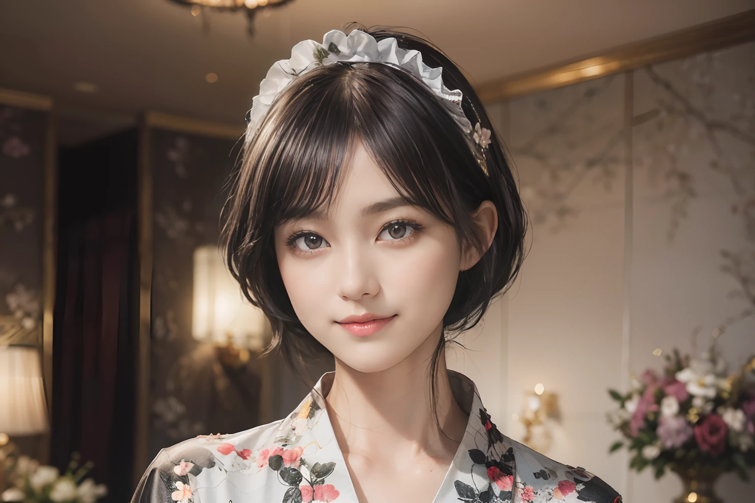 08
(Black Shorthair:1.3), (a 20 yo woman), (A hyper-realistic), (masutepiece), (8KUHD), Beautiful woman, A smile, (Floral Maid Clothing:1.2), wide々and luxurious entrance, Stand in a room with a large depth, (Focus on the face:1.3), (depth of fields)
