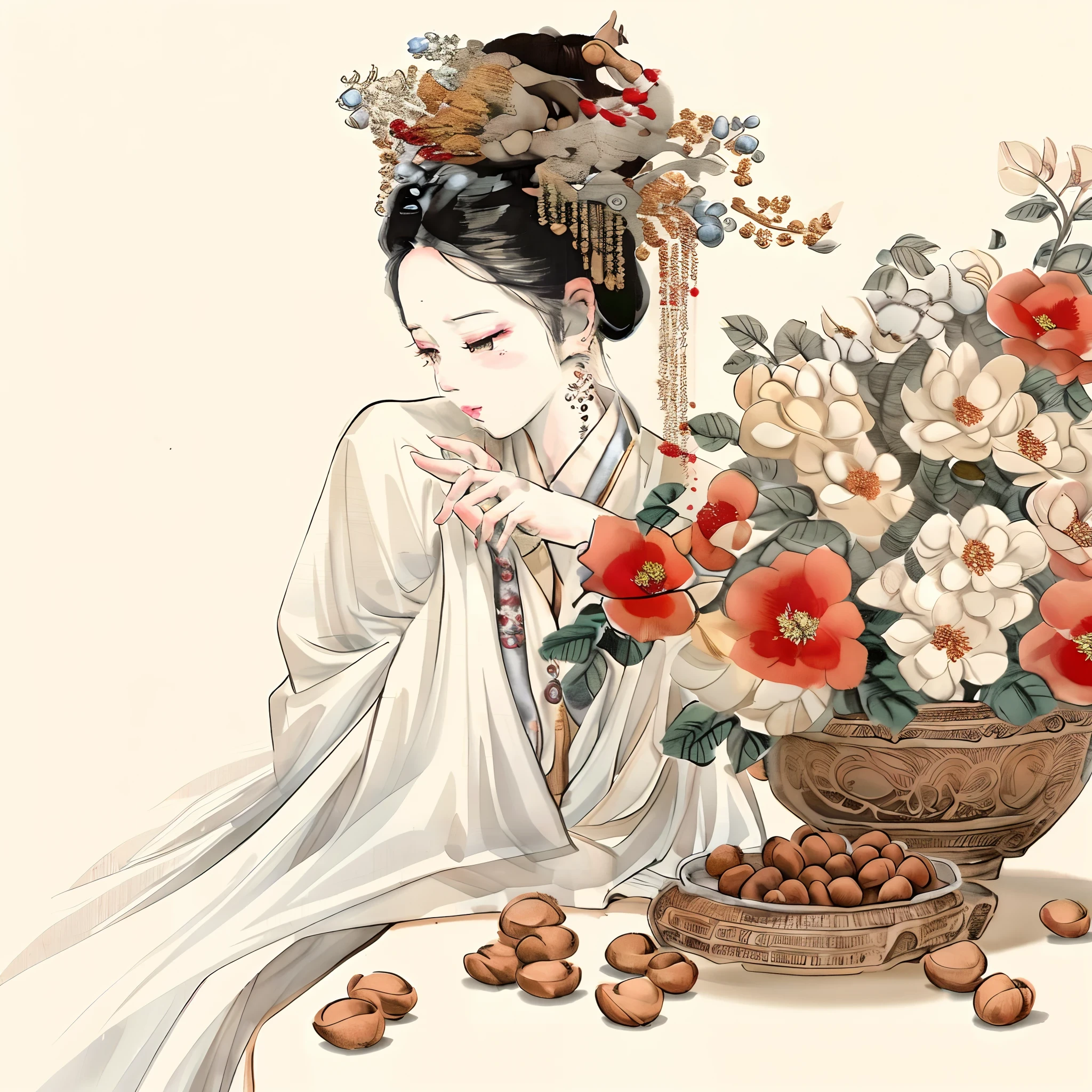 Draw a woman in a white dress，There are flowers and nuts on top, ancient chinese beauti, author：Lu Guang, ancient china art style, Princesa chinesa antiga, author：Wang Yi, Traditional Chinese art, author：Qiu Ying, Palace ， A girl in Hanfu, Chinese style painting, author：Li Fangying, Chinese painting style, China Princess, author：Dai Xi