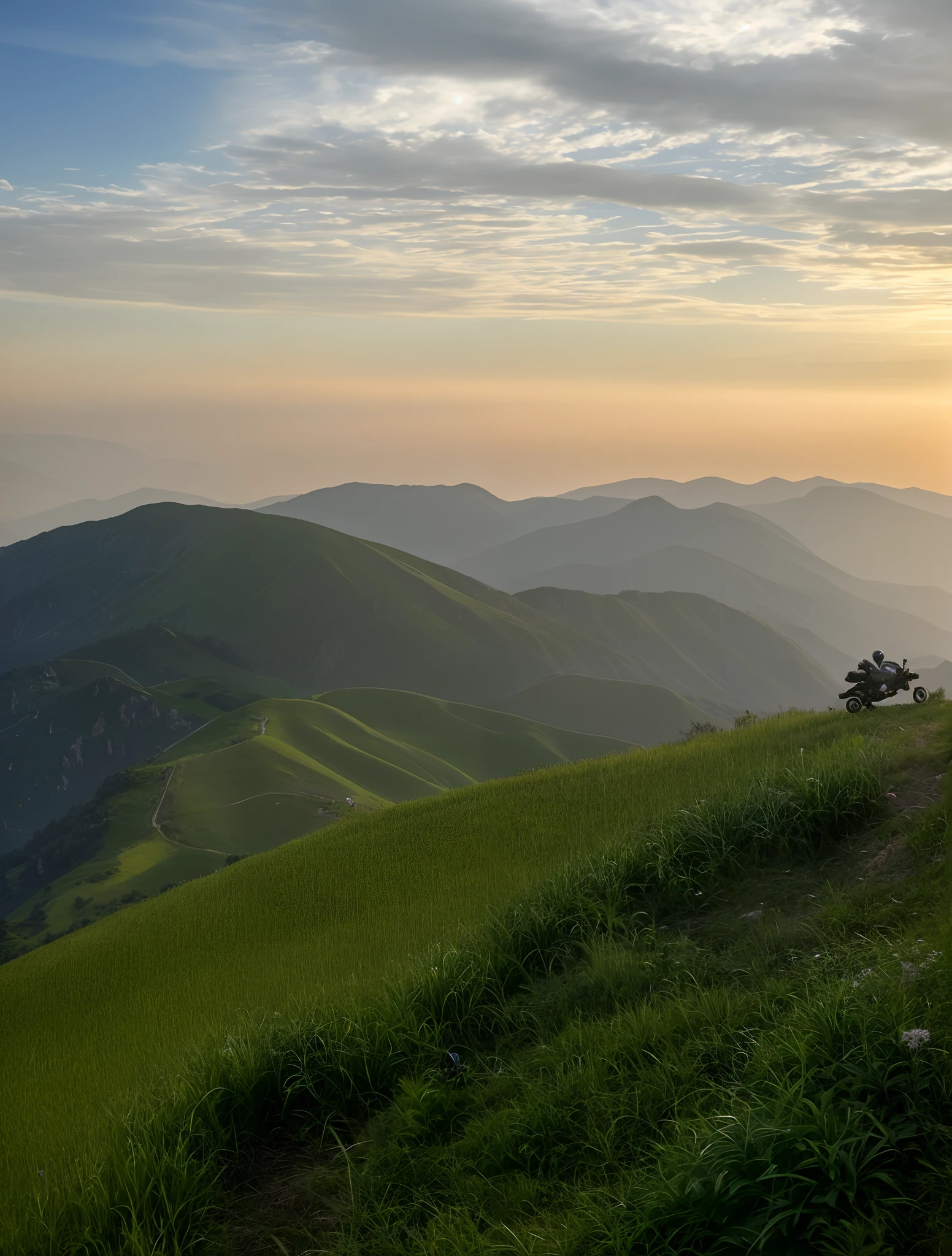 Someone riding a motorcycle on a meadow overlooking the mountains, In the evening, 8 k''. filling of the view, in the early morning, early evening, hills and mountains, mountains and sunset!!, At sunrise, during sunrise, 8 k''. filling most of the view, Far view, At dusk, mountains and colorful sunset!!, Beautiful Late Afternoon