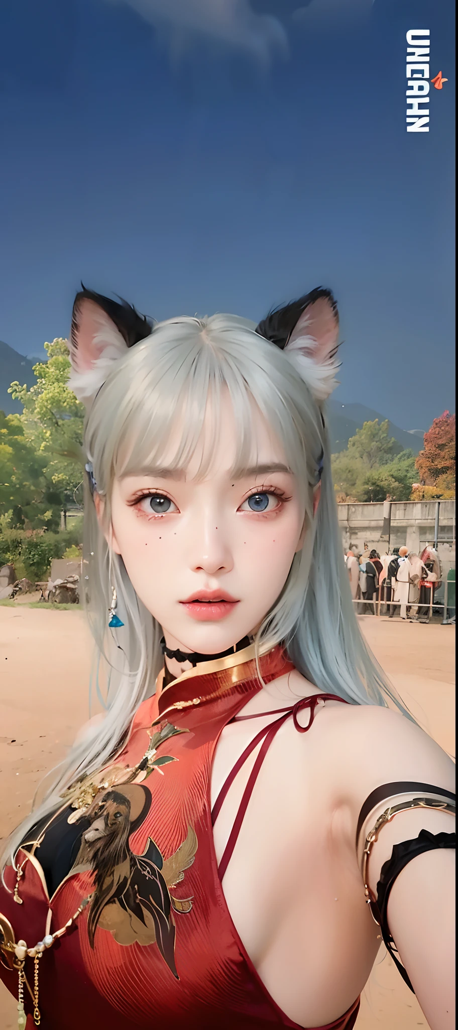 official art, unity 8k wallpaper, ultra detailed, beautiful and aesthetic, masterpiece, best quality,  (close up, face focus:1.2), (zentangle, mandala, tangle, entangle), (fractal art:1.3) , 1girl, extremely detailed,  dynamic angle, the most beautiful form of chaos, elegant, a brutalist designed, vivid colours, romanticism, by james jean, roby dwi antono, ross tran, francis bacon, michal mraz, adrian ghenie, petra cortright, gerhard richter, takato yamamoto, ashley wood, atmospheric, ecstasy of musical notes, streaming musical notes visible, blonde hair hd, eyes blue hd, selfie foto hd, dress red strict hd, blue eyes hd blue eyes hd, mommu hd, sexy boobs, Perfect body, body perfect, selfie hd, selfie, beautiful eyes hd, boobs hd, boobs 4k, black cat ears hd