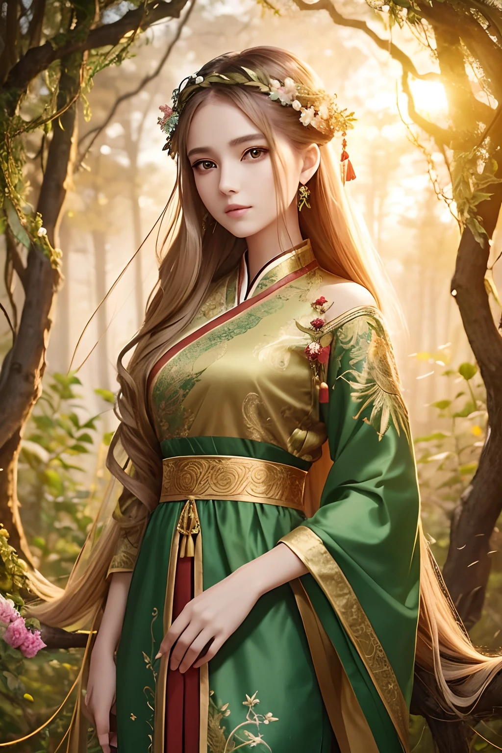 Painting,Majestic and dreamy mood, forest vibes, a beautiful woman, golden sunset hair, eyes light green, clothes colors are gold with vines embroidery, Chinese clothing mixed with a toga, detailed face, holding a bird, flower vines ornament in shoulder