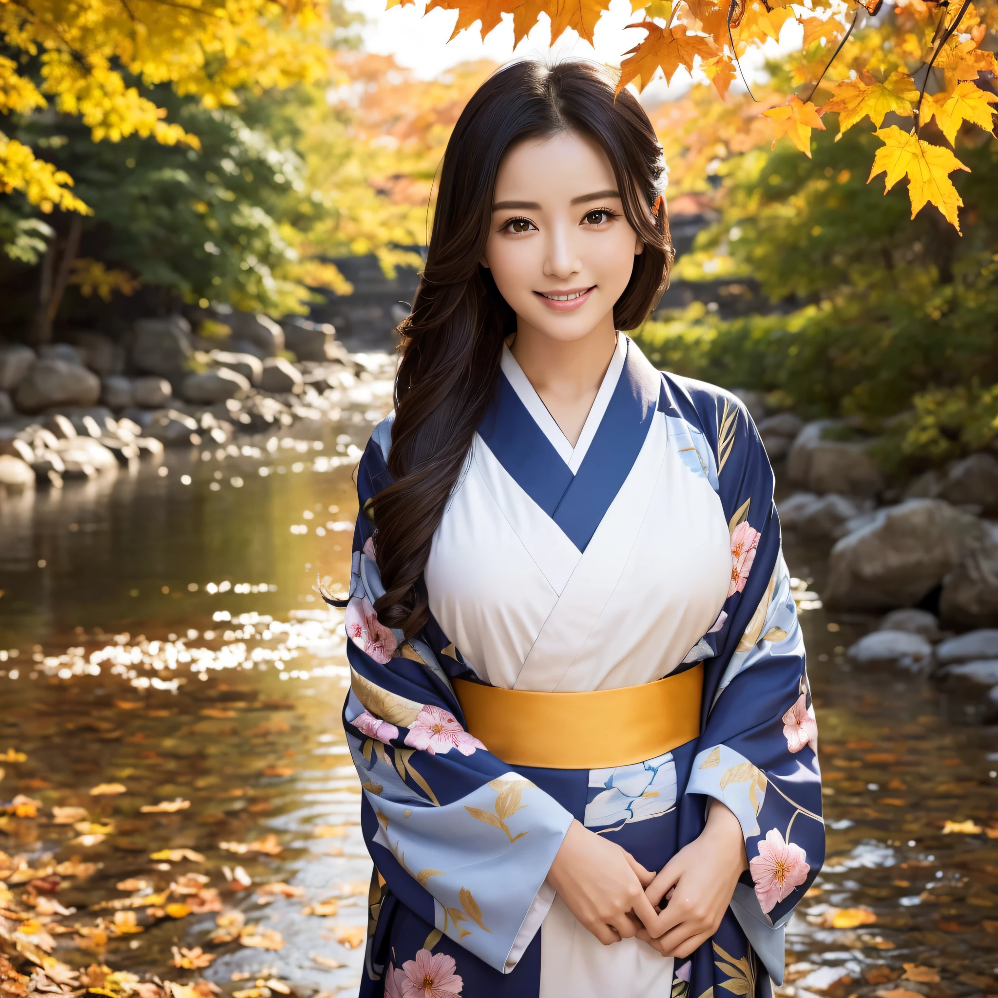 (Super beautiful woman in kimono)、((best qualtiy、8k masterpieces:1.3))、foco nítido:1.2、(ultra beautiful faces:1.0)、(shinny skin:1.0)、photos realistic、A dark-haired、Video Lighting、High-definition eyes and face、Video Lighting、Japanese actressl、from the front side、medium breasts、With a happy smile、wearing kimonos、Under the autumn leaves、