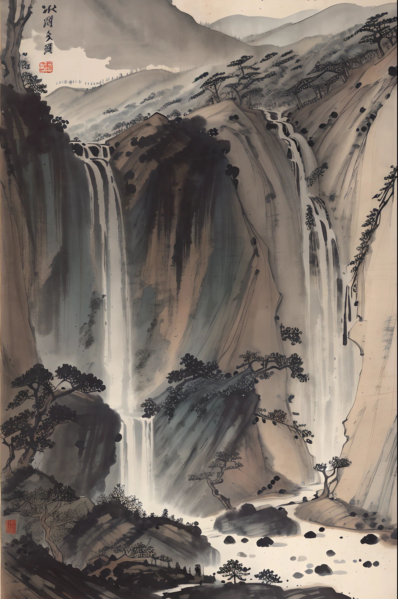 Chinese landscape painting,ink and watercolor painting,the trees,vegetation,small waterfalls