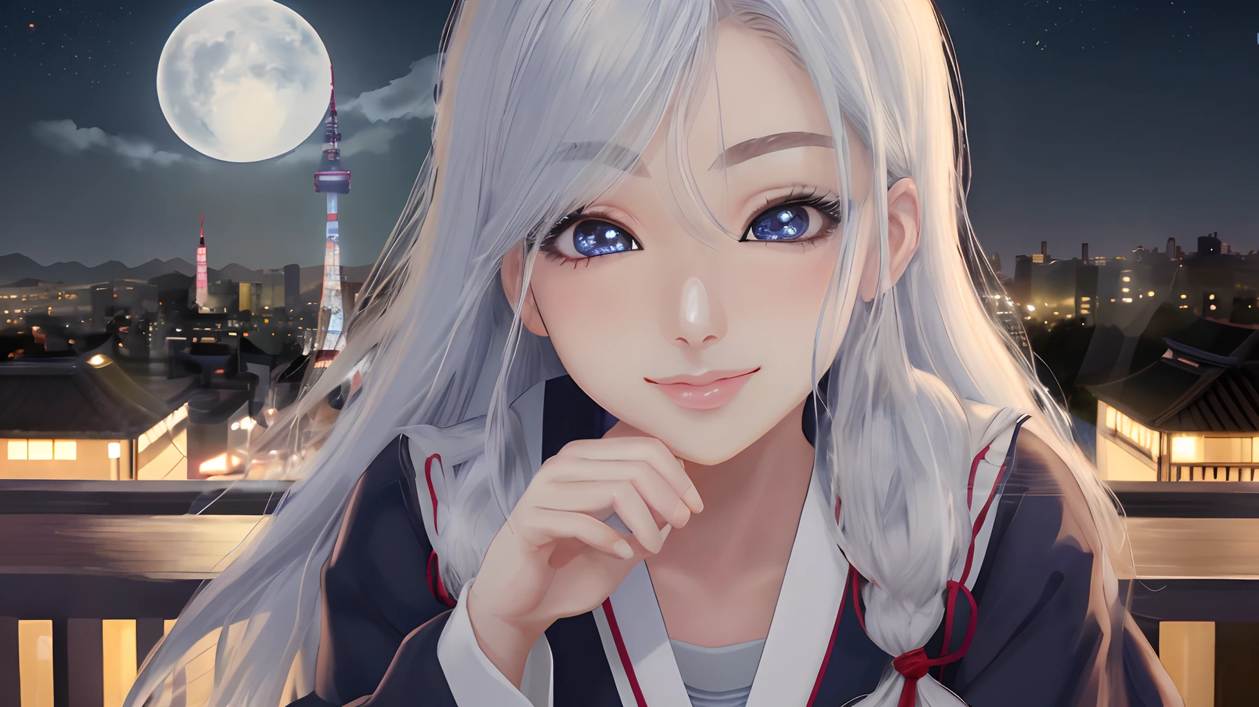 best quality, qualidade perfeita, cabelos longos brancos, olhos azuis brilhantes, Olhos sonhadores, Japanese female school uniform, Bottom view, sorriso bonito, Rosto corado, paisagem noturna, Tokyo sky tree in the background, lua brilhante detalhada refletindo nos olhos, detailed hands, Rosto detalhado, cabelo no meio do olhos, cabelos cobrindo a testa