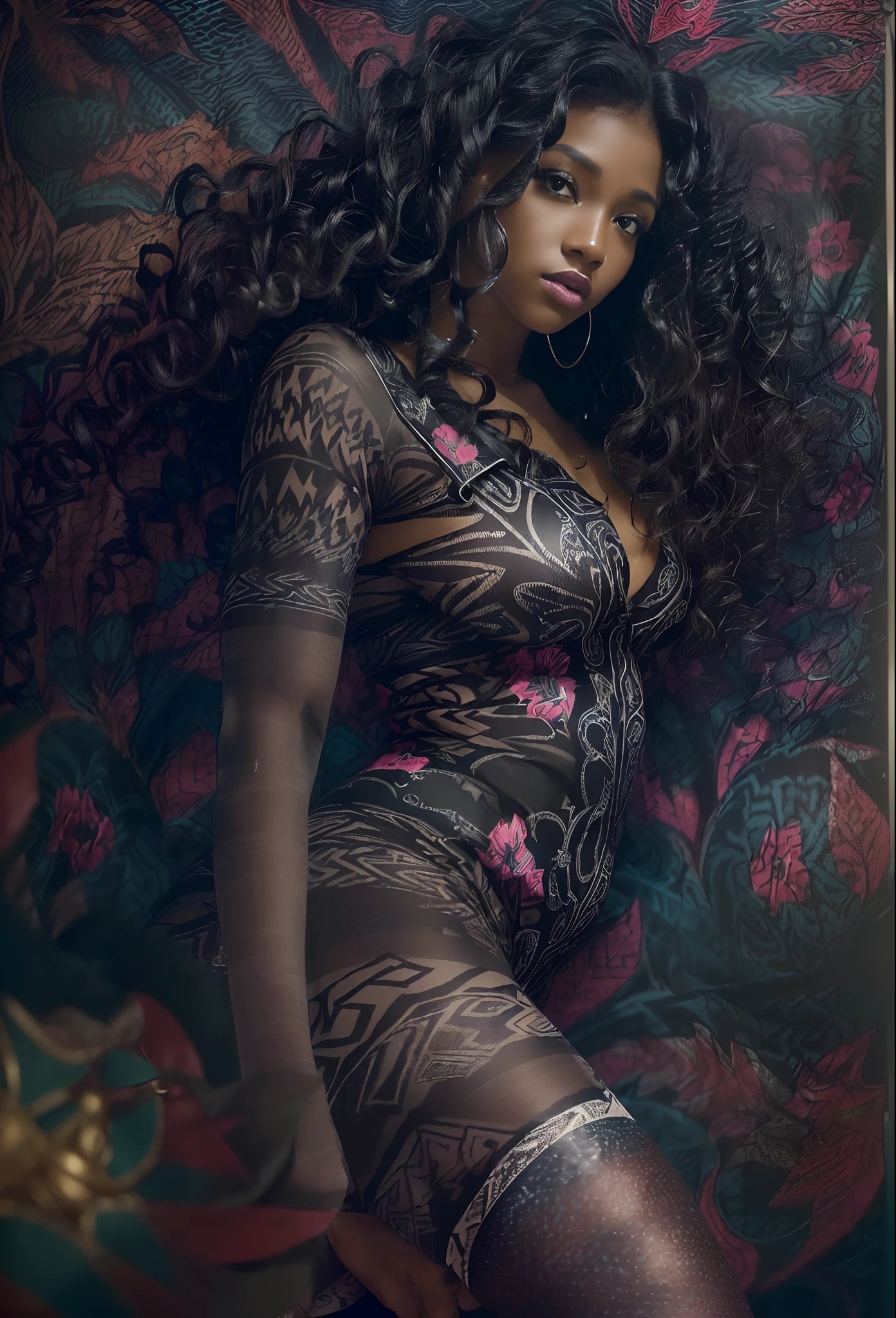 ((21-year-old))) black girl, (((light skin))),  (((close-up full body pose))),  (((long curly black hair))), (((patterned pantyhose))), (((wearing nurse outfit mostly unbuttoned))), dark fantasy art, Rich, Deep Colours, (intricate details:0.9), (HDR, hyper-detailing:1.2), (natural skin textures, hyper realisitc, glistening skin, soft light, Sharp),