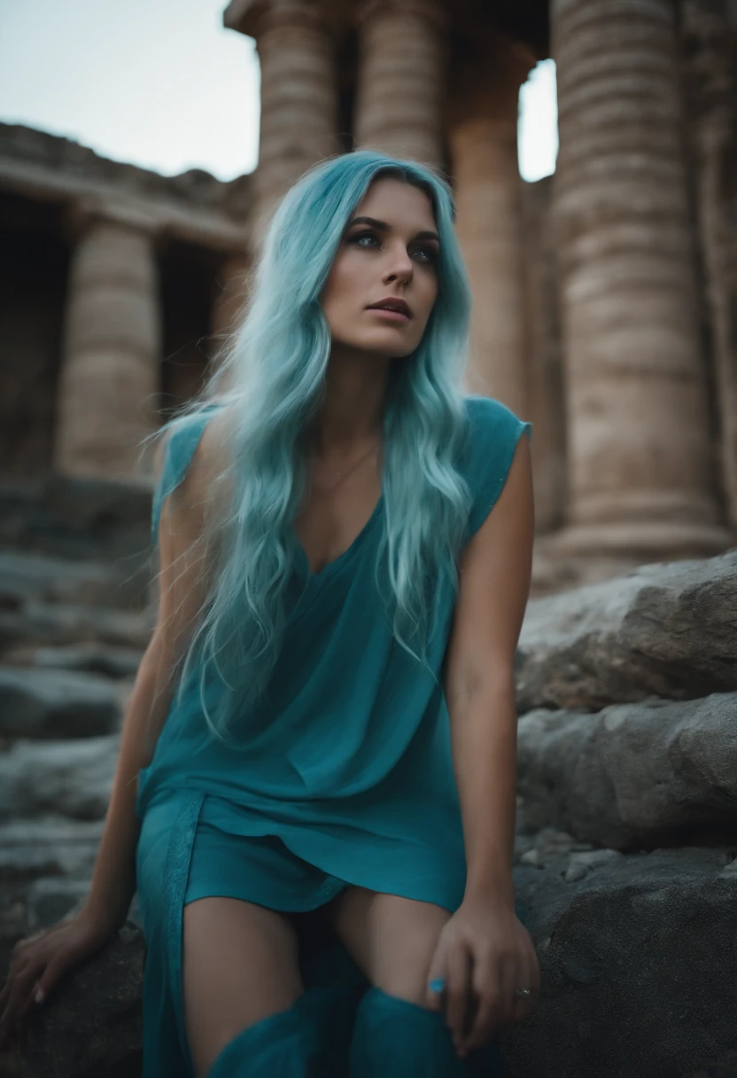 A beautiful young woman (1 girl) about 20 years old. Long light blue hair, straight hair, ((messy)) hair, ((bangs)) and big blue eyes. Turquoise tunic and purple tide pants. Leather boots.  She is carrying a metallic chest on back. She is handle the metallic chest by leather straps. Greek templo ruins background at night, with a starry sky.