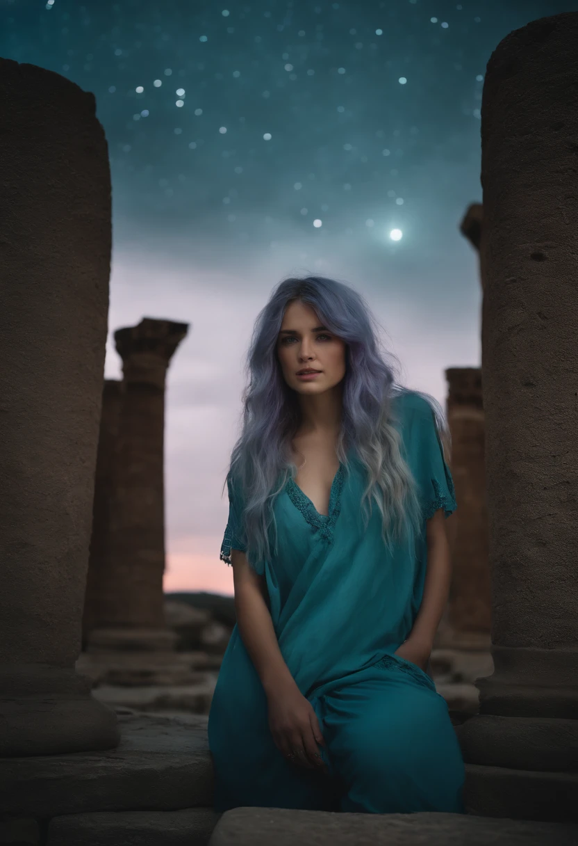 A beautiful young woman (1 girl) about 20 years old. Long light blue hair, straight hair, ((messy)) hair, ((bangs)) and big blue eyes. Turquoise tunic and purple tide pants. Leather boots. Greek templo ruins background at night, with a starry sky.