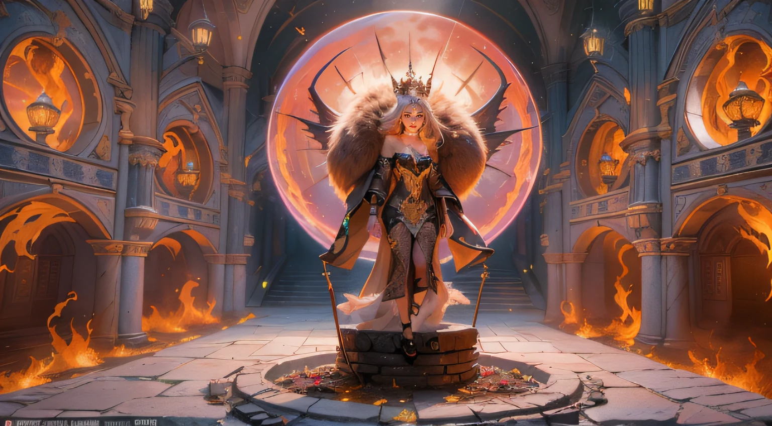 Woman with yellow hair and wearing a dress of bronse armor with neckline and walking through the maze towards the screen, unreal engine render + uma deusa, 3D rendering 8K character art, Fantasy Style 8k Octane Rendering, deusa egipicia, ......3d, (octan render) estilo fantasia, fantasy incredible ..3D-rendering, deviantart artstation cgscosiety, elegant cinematic pose, olhos lilas simetricos eultrarealistas, rosto perfeito, symmetrical nose, orelhas simetricas, pes simetricos e ultradetalhados, corpo inteiro simetrico de deusa, labios simetricos e carnudos com batom vermelho, pele clara perfeita suave e delicada, camaninhanco towards the screen, olhar voltado para a tela, leve sorriso sedutor simetrico, gold bracelets with ruby stones on the arms, hands with 5 symmetrical fingers, rosto perfeito