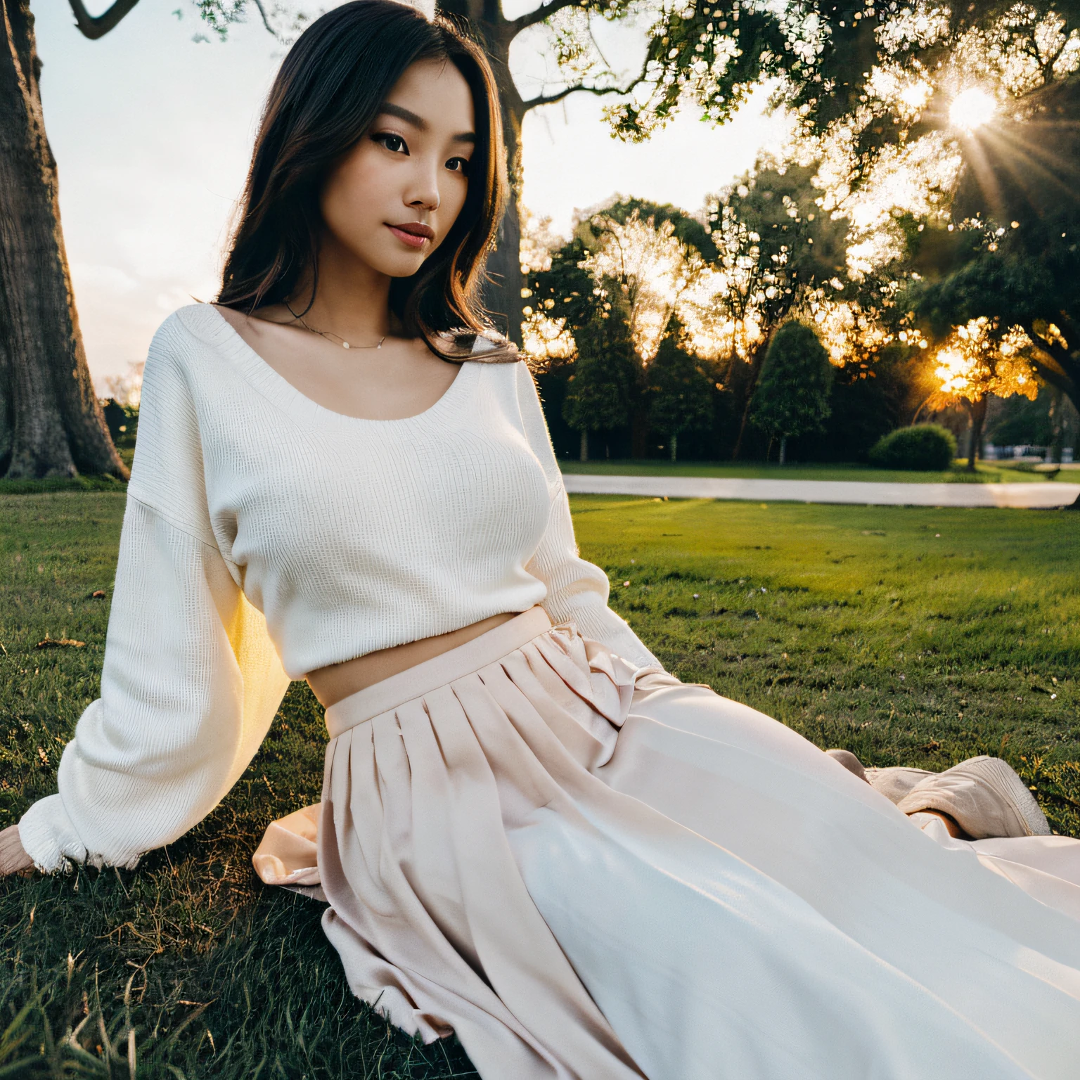 (Photoreal: 1.4), (Smooth lighting: 1.05), (Improved cinematic lighting: 0.9), 32K, Realistic lighting, Backlight, raytrace, (Whitening light: 1.2), (Image enhancement: 1.4), ( Top quality real skins: 1.4), 20-year-old, 1 girl, asian, large breasts, early morning light, sunrise, long skirt, loose sweater, park scene, laying down, grassy hill,