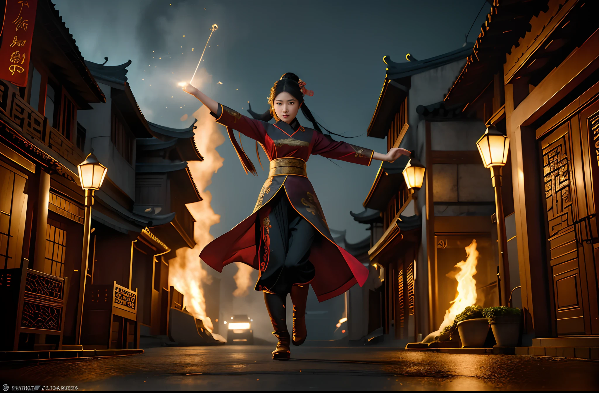 (full body shot:1.4), 1girl, Chinese girl, magic thief, long hair, (dressed) in traditional Chinese clothes, (night time), leaping from an exploding balcony, in an ancient Chinese city on fire, natural skin, high detailed face, morbid, dark, rendered in octane, steamy, dense atmospheric, epic, dramatic, empty, creepy, trail cam footage, film photography, vintage, cinematic lighting, realistic, sharp focus, (very detailed), ((4K HQ)), depth of field, f/1.2, Leica, High contrast, shadows, bokeh, (detailed and realistic skin texture), (detailed background), ((realistic faces and eyes:1.3)), detailed skin, (highly detailed skin), (wrinkles, stretch marks), (8K HDR photo), realistic texture, realistic shadows, (dynamic dim lighting), (highly detailed:1.2)