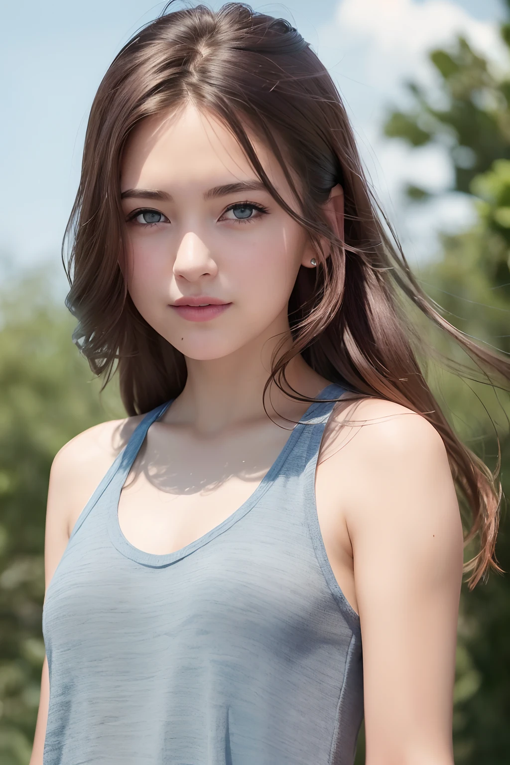(8k, Best Quality, Masterpiece:1.2), (Realistic, Photorealistic:1.37), Ultra Detail, 1 Girl,Cute,Solo,Beautiful Detailed Sky,Date,(Blush),(Smile:1.15),(Closed Mouth)Small Breasts,Beautiful Detailed Eyes,(Long Hair: 1.2),Floating Hair NovaFrogStyle, Upper Body, Tank Top