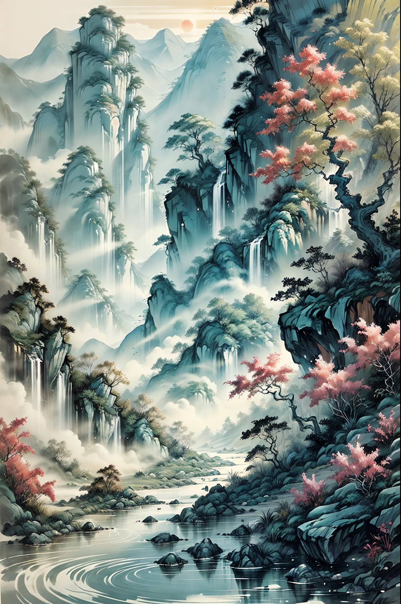 rivulets，(In the middle is a small stream:1.5)，There are trees and rocks, Chinese landscape, Chinese style painting, Detailed scenery —width 672, Traditional Chinese watercolor, Color ink, Traditional Chinese art, landscape artwork, landscape with red mountains, peaceful scenery, in a serene landscape,exteriors，Skysky，In the daytime，The tree，No Man，Foliage，rays of sunshine，naturey，scenecy，Rochas，mont，The landscape，style, Ink painting,Wye_Style