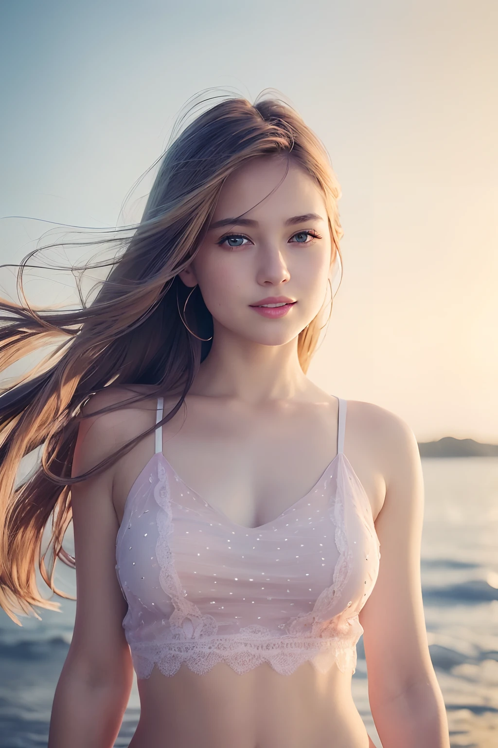 (8k, Best Quality, Masterpiece:1.2), (Realistic, Photorealistic:1.37), Ultra Detail, 1 Girl,Cute,Solo,Beautiful Detailed Sky,Date,(Blush),(Smile:1.15),(Closed Mouth)Small Breasts,Beautiful Detailed Eyes,(Long Hair: 1.2),Floating Hair NovaFrogStyle, Upper Body, Tank Top