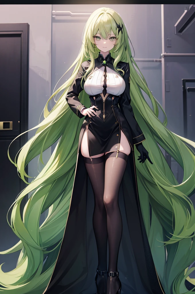 1girl, anime girl, green hair, very long hair, green eye, perfect body, evil smile, mature woman, long legs, big breasts, high quality, black heels, long black stockings, black skirt, masterpiece, slender body, dangerous woman, dominant woman, smart woman, white coat, goddess, 4k wallpaper, doctor girl, scientist girl