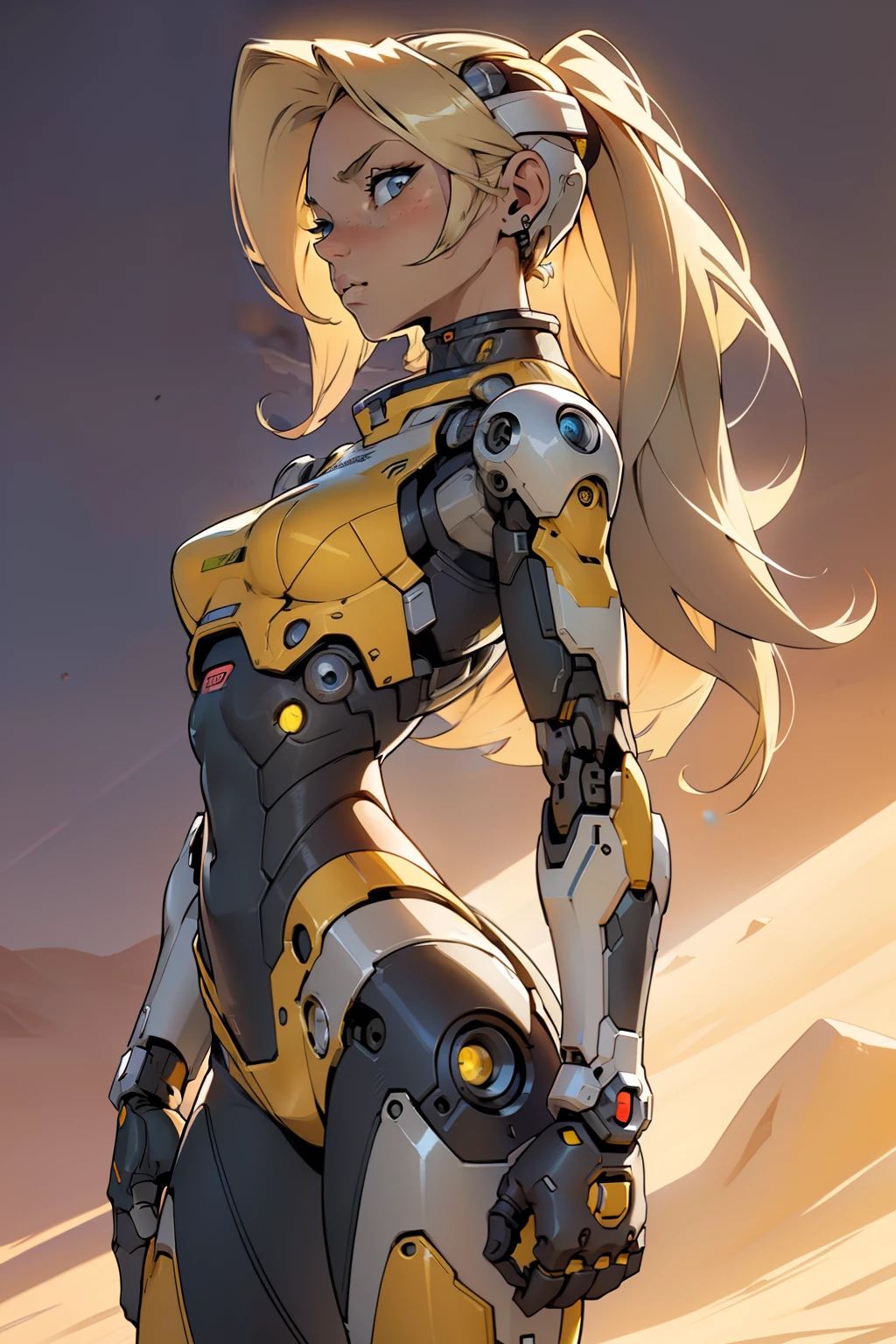 high quality, 4k, masterpiece, beautiful, cyborg girl, cowboy shot, dull eyes, back side, turning around to look at viewer, long blonde hair, girl, small breasts, fit thigh, robotic arms, robotic body, cyborg body, yellow accent, redaccent, intricate detail, joint, detailed lines, robotic detail, holding fist up, holding hand up as fist, color robotic parts, robotic parts with color, perfect fingers, on a desert planet, sunny background, colorful desert,
