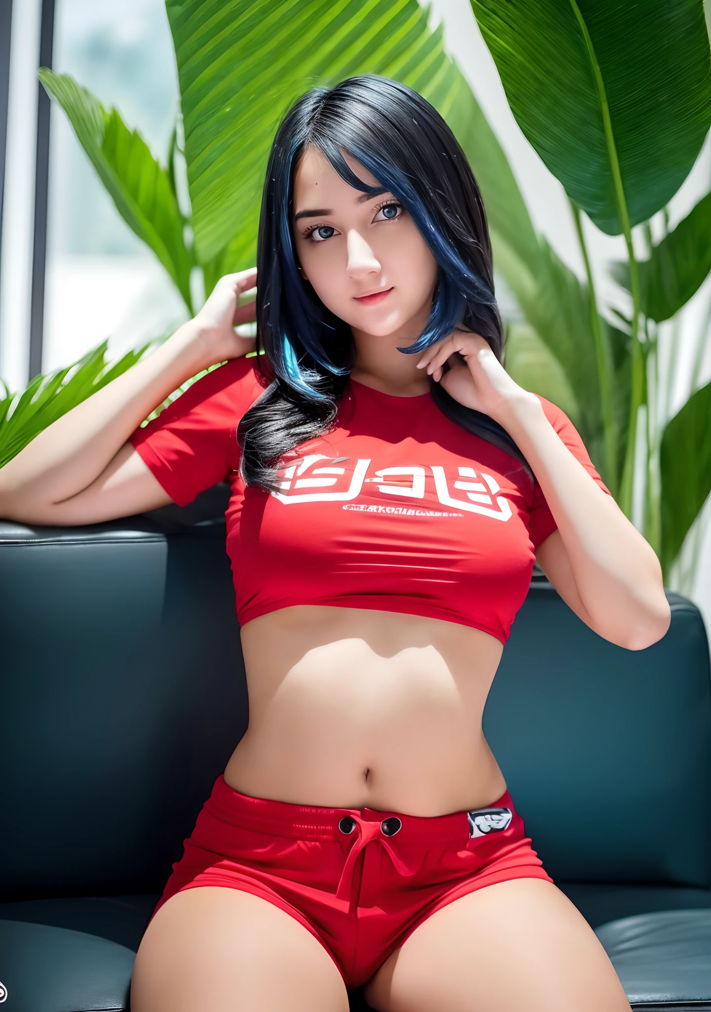 Masterpiece, best photo, best quality, high quality, 8K, UHD, a beautiful girl wearing a red gaming team t-shirt, shorts, short blue, looking viewrs, blurred background, f/1.2, open thigh, watch hand, black hair, shiny hair, white skin, indoor, soft lighting, crystal eyes, shiny eyes