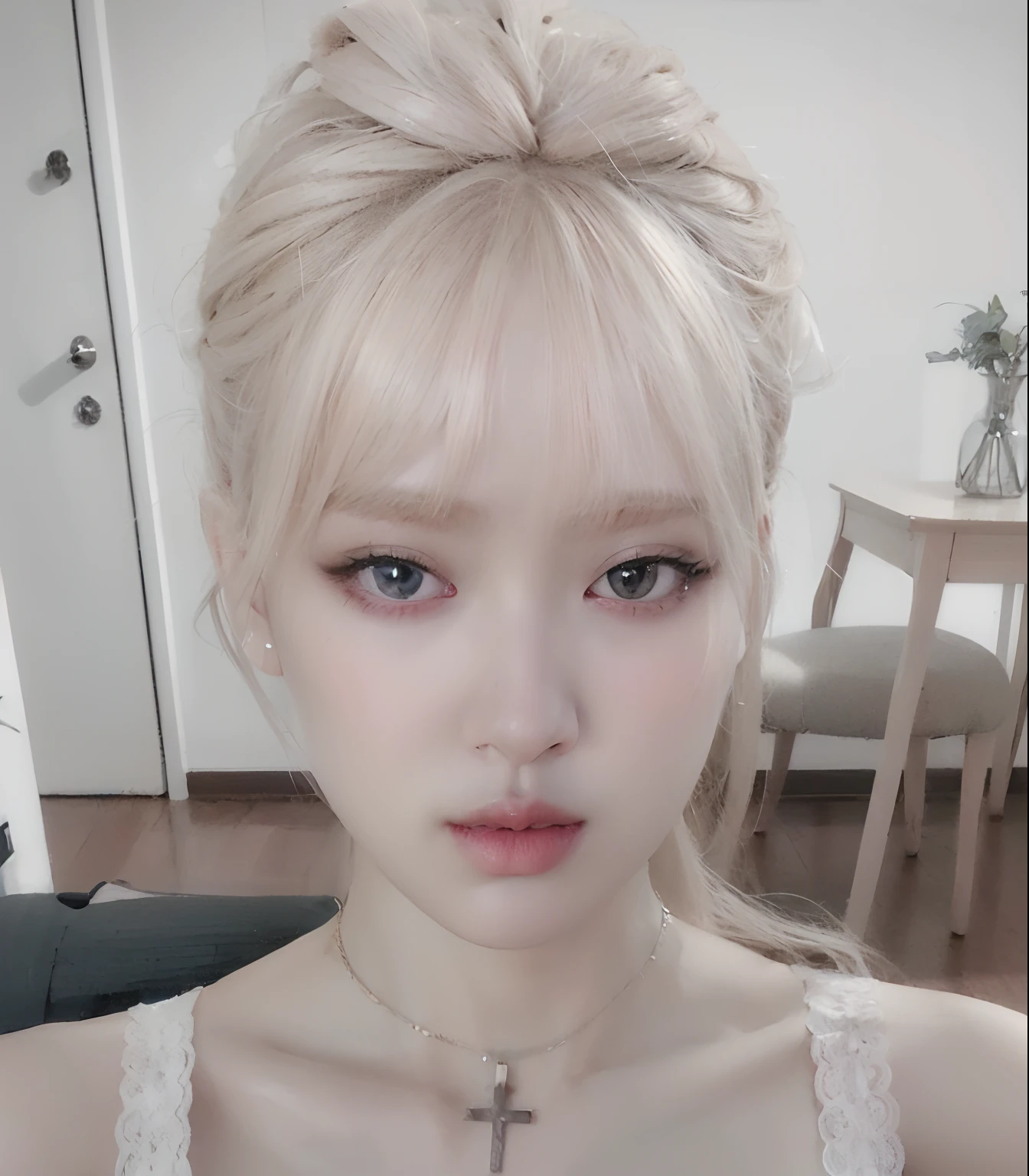 Blonde woman with a messy bun with a cross necklace and a necklace, extremely pale blond hair, cabello rubio y ojos grandes, flequillo esponjoso, flequillo blanco, Lalisa Manobal, pale round face, cabello rubio muy, very pale, pale fair skin!!, pale, shiny skin, Retrato suave disparado 8K, her face looks like an orchid, pale porcelain white skin