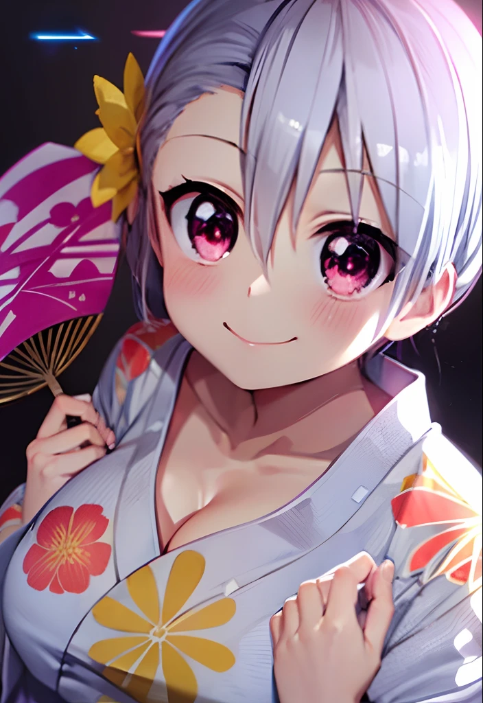 Yukata,Have a fan,silber hair,Eyes sparkle,