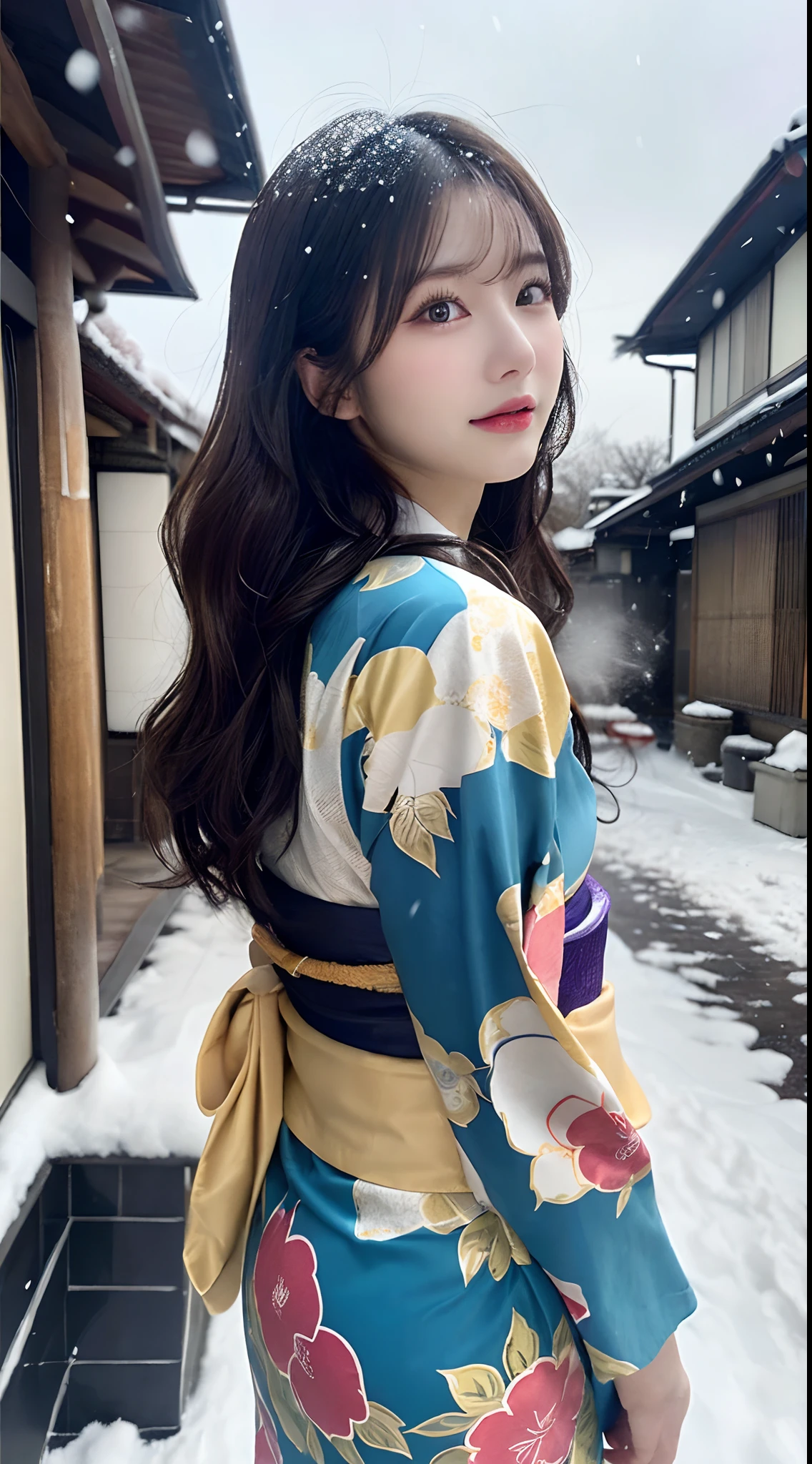 (Kimono)、、(top-quality,masterpiece:1.3,超A high resolution,),(ultra-detailliert,Caustics),(Photorealsitic:1.4,RAW shooting,)Ultra-realistic capture,A highly detailed,high-definition16Kfor human skin、 Skin texture is natural、、The skin looks healthy with an even tone、 Use natural light and color,One Woman,japanes,,kawaii,A dark-haired,Middle hair,(depth of fields、chromatic abberation、、Wide range of lighting、Natural Shading、)、、(Falling snow:1.2)、(Hair swaying in the wind:1.2)、(Snow reflects light:1.2)、Back lighting