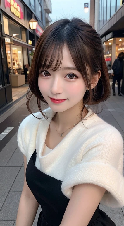 masutepiece, Best Quality, Illustration, Ultra-detailed, Full body、finely detail, hight resolution, 8K Wallpaper, Perfect dynamic composition, Beautiful detailed eyes, Women's Fashion Winter,Bob Hair, Natural Color Lip, ,Smile,Harajuku、younggirl、Cute、Sexy shot looking at camera、cafes