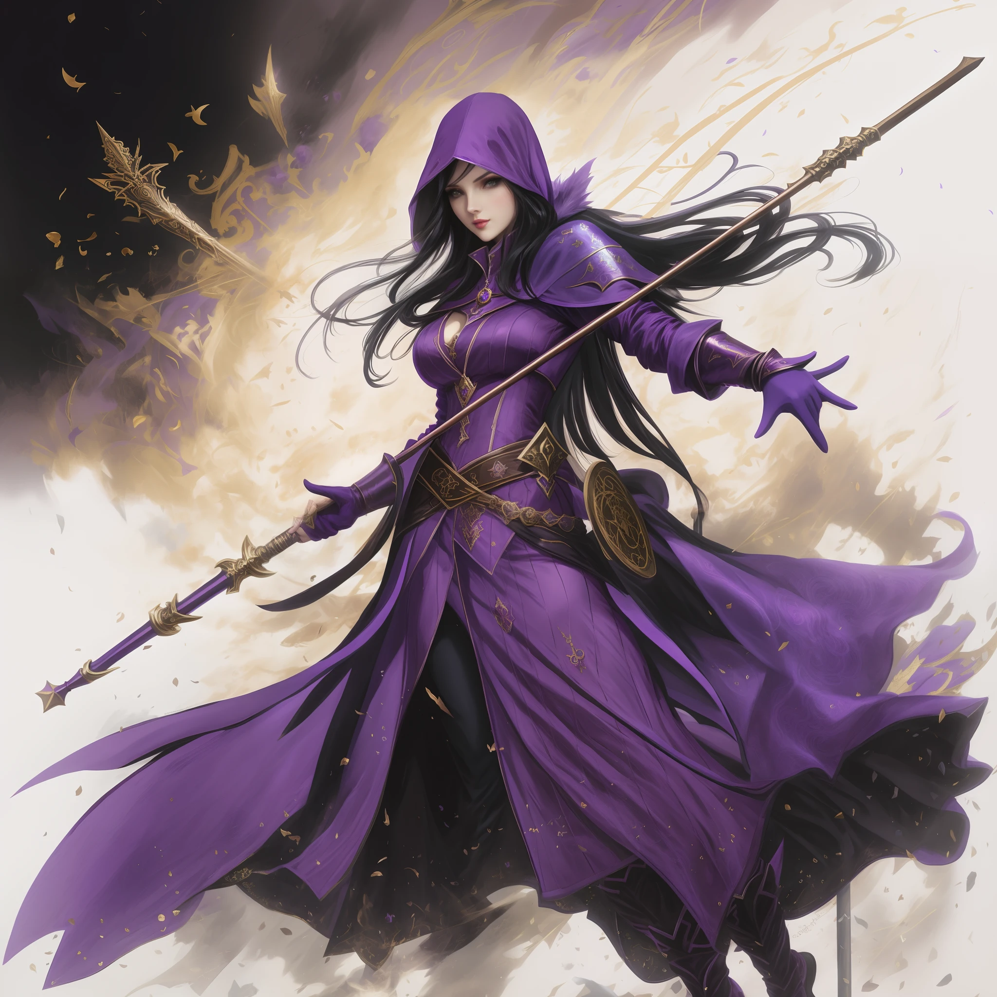 a woman in a purple coat holding a staff, female caster, liliana vess, beautiful female caster, female mage!, in a purple cloak, female mage, portrait of a female mage, artgerm comic, purple cloak, roleplaying game art, painted in the style arcane, mage the ascension, style of raymond swanland