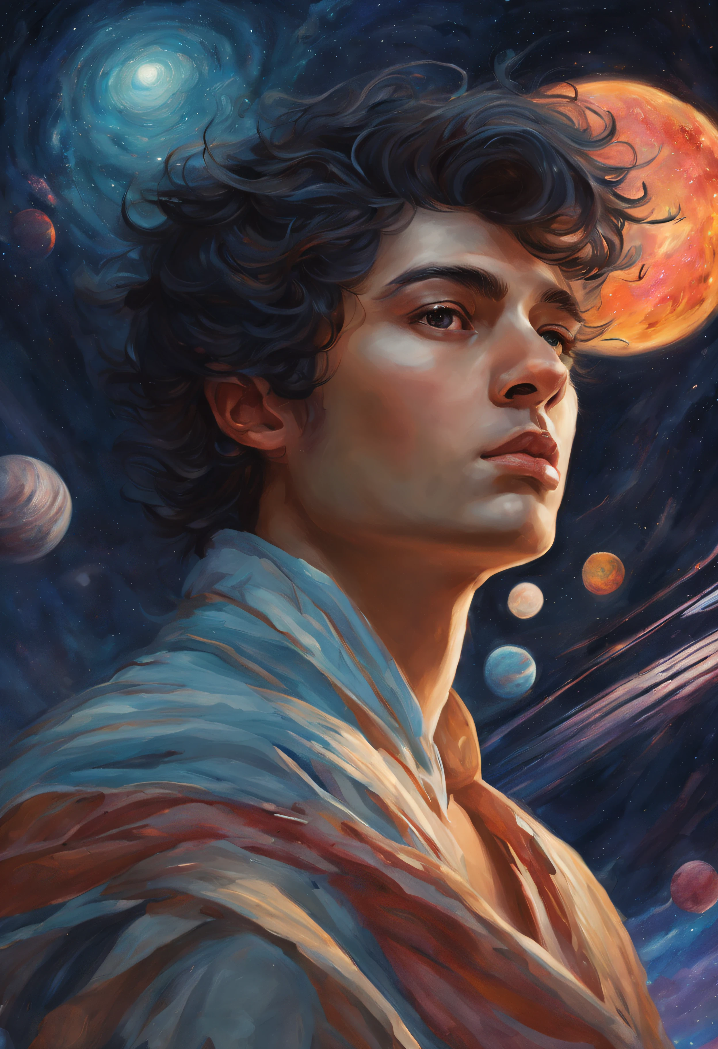 um close up de um jovem rapaz com uma camisa branca, delicate androgynous prince, pintura de personagem bonita, arte do personagem masculino humano, handsome prince of persia, retrato detalhado do caractere, Fundo: Painting of a spiral galaxy with planets and a bright star, uma pintura ultrafina detalhada de Alexander Kucharsky, arte espacial, vasto cosmos, redemoinhos de nebulosas, galaxy, Spinning nebulae, planetas flutuantes, universo, planets and galaxies, galaxy gas brushstrokes, planetas colidindo, beautiful cosmic neural network. anime style, anime, Conceptual art, glowing light, ray tracing, UHD, high details, best quality
