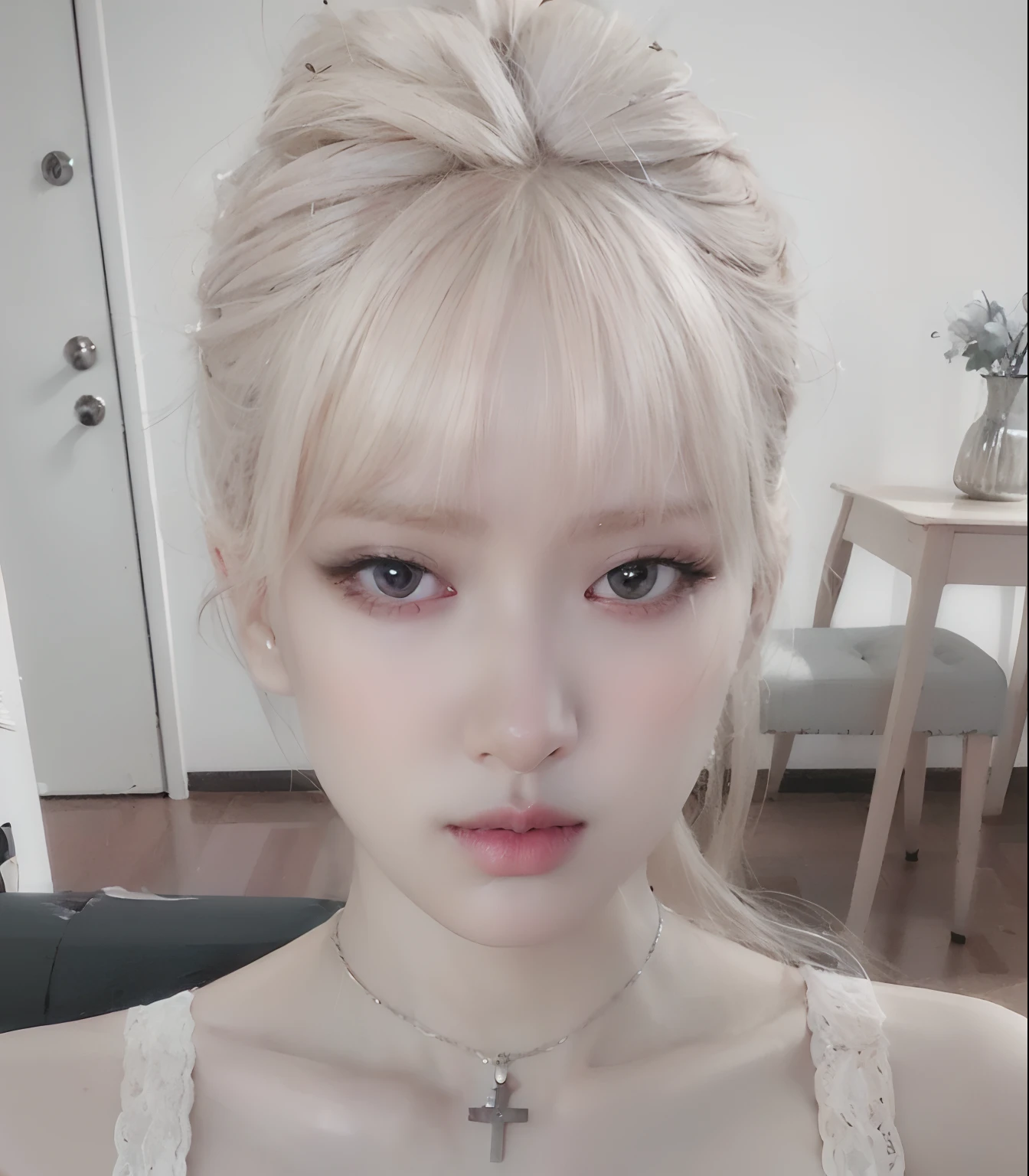 Blonde woman with a messy bun with a cross necklace and a necklace, extremely pale blond hair, cabello rubio y ojos grandes, flequillo esponjoso, flequillo blanco, Lalisa Manobal, pale round face, cabello rubio muy, very pale, pale fair skin!!, pale, shiny skin, Retrato suave disparado 8K, her face looks like an orchid, pale porcelain white skin