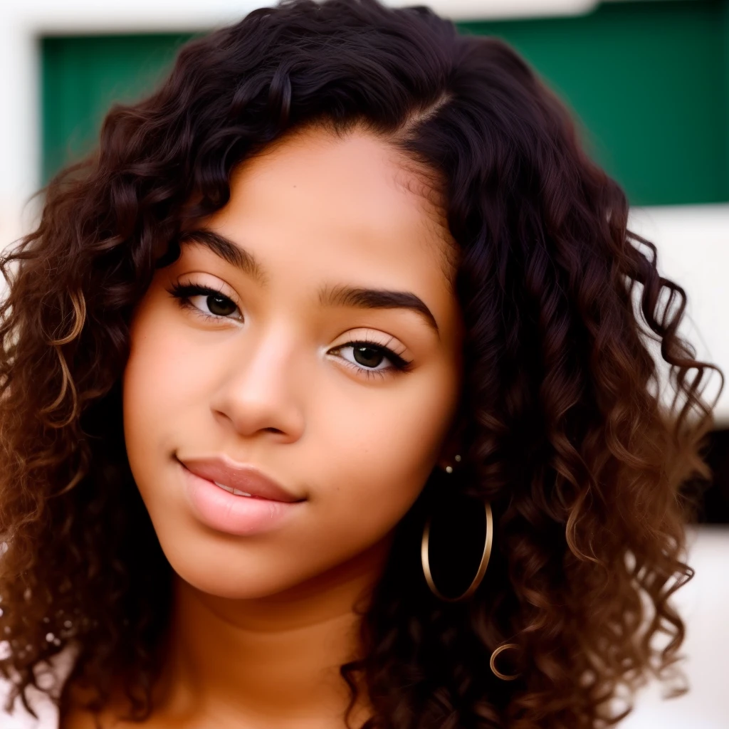 Black girl with long curly hair that’s Ashe blonde. She has almond eyes that are hazel. She has big lips and is very beautiful.