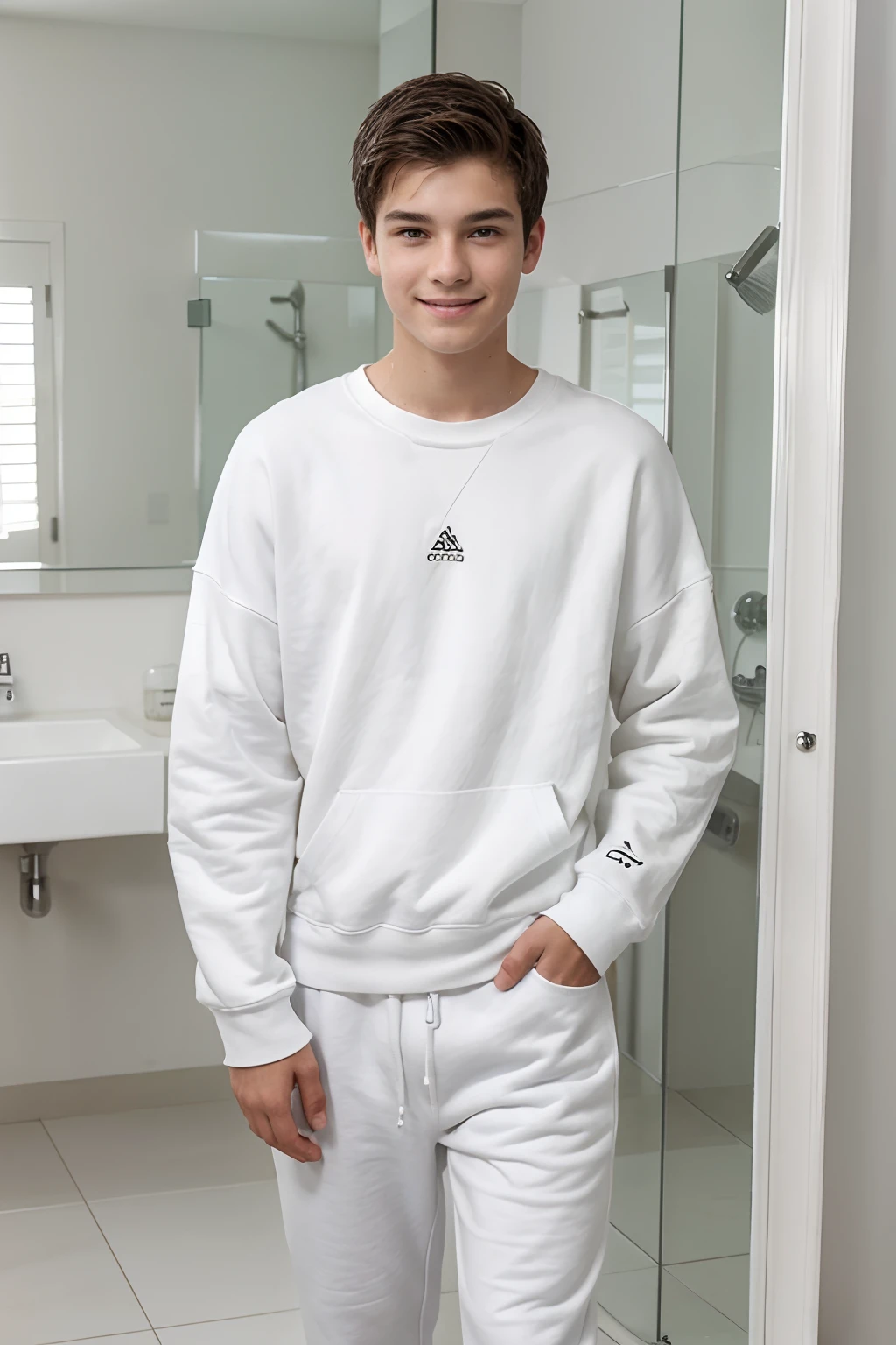 an 18 year old boy, white sweatshirt, white sweatpants, hands in pockets, a little smile, showering in front of the mirror