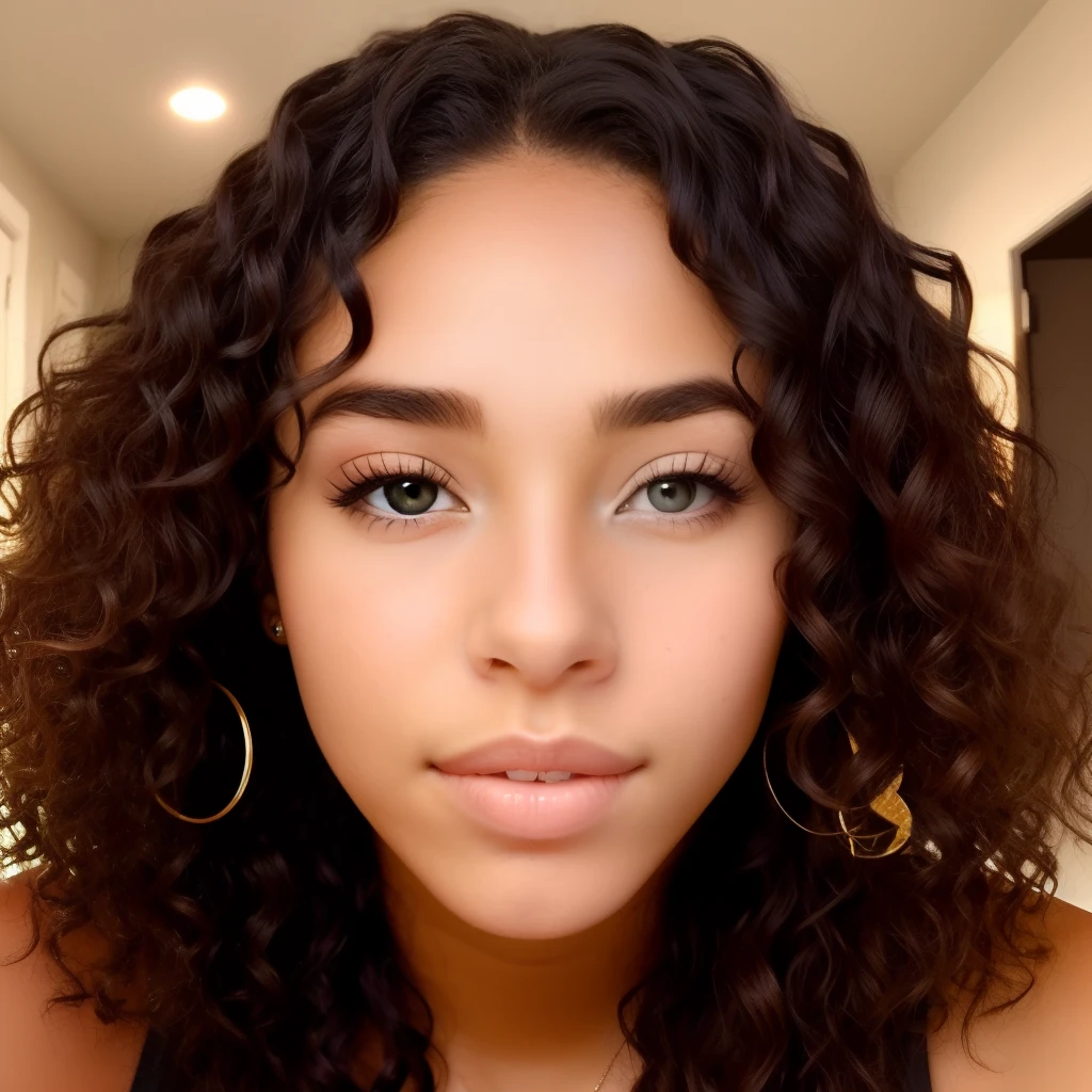 Black  girl with long curly hair that’s Ashe blonde. She has almond eyes that are hazel. She has big lips and is very beautiful.