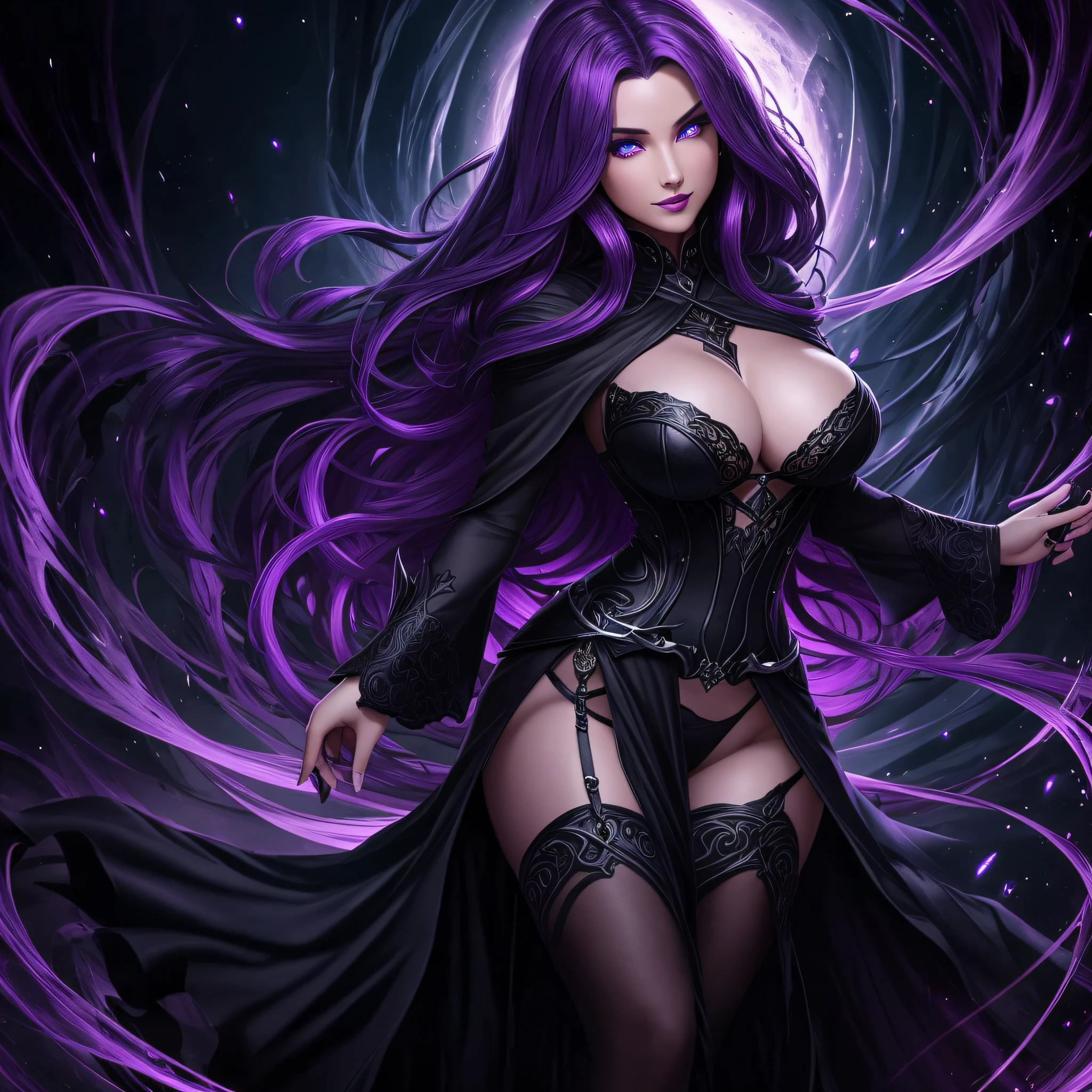 Noir painting of a sexy enchanting sorceress in black dress posing for a picture, flowing purple hair, lush purple lips, mesmerizing blue eyes, almond shaped eyes, highly detailed eyes, curvy, looking at viewer, coy smile, purple haired sorceress, young, beautiful, powerful, magical woman, dark fantasy, sexy girl, super villain, real, high detail, best quality