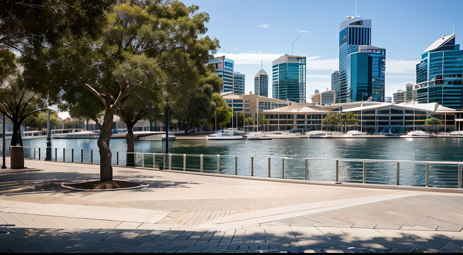 a hyper realistic photography of Elizabeth Quay in Perth, Western Australia, no people, Nikon D850 DSLR 4k camera, 100mm lens, F 1.2 aperture setting, bright and natural lighting, vibrant, fun and relaxing atmosphere